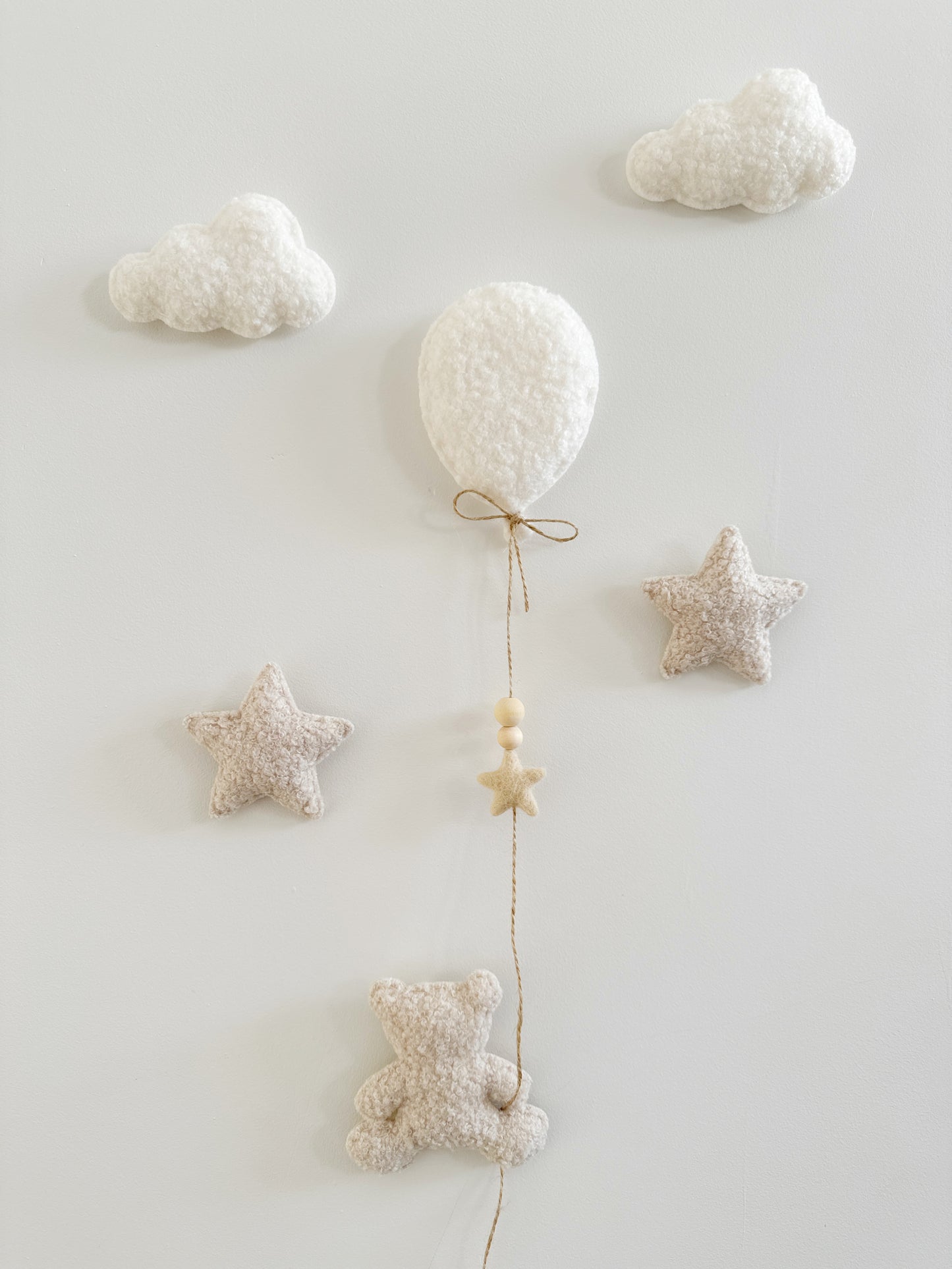 Mini Baby Bear Wall Display Set - Balloon & Teddy Bear with Clouds & Stars - Ivory & Ecru Bouclé