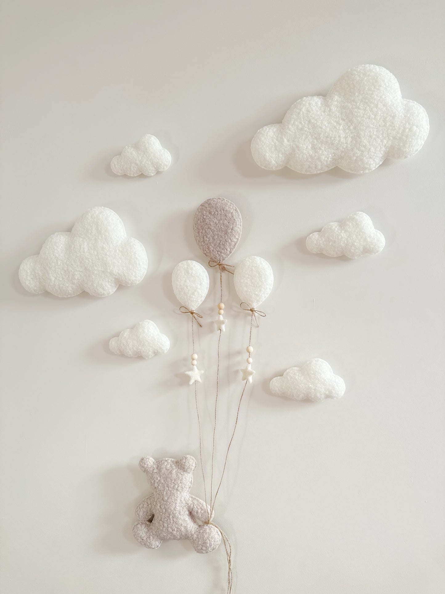 Balloon & Clouds Wall Display Set - 10 piece Set with XL Clouds, Small & Mini Balloons - Large Teddy Bear - Ivory & Stone Bouclé
