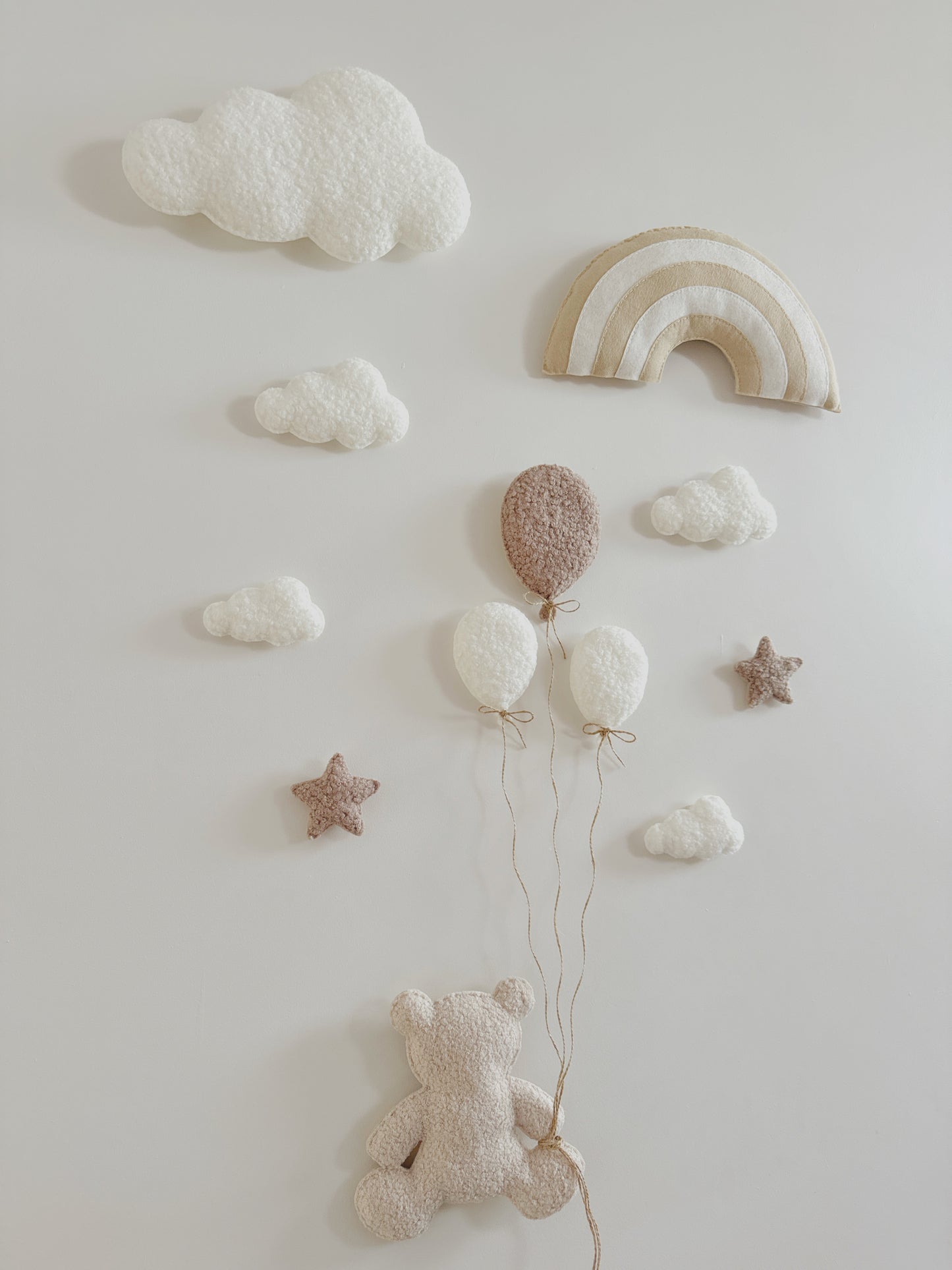 Layered Felt Rainbow, Balloons, Clouds & Stars Wall Display Set - Ivory, Taupe & Ecru Bouclé