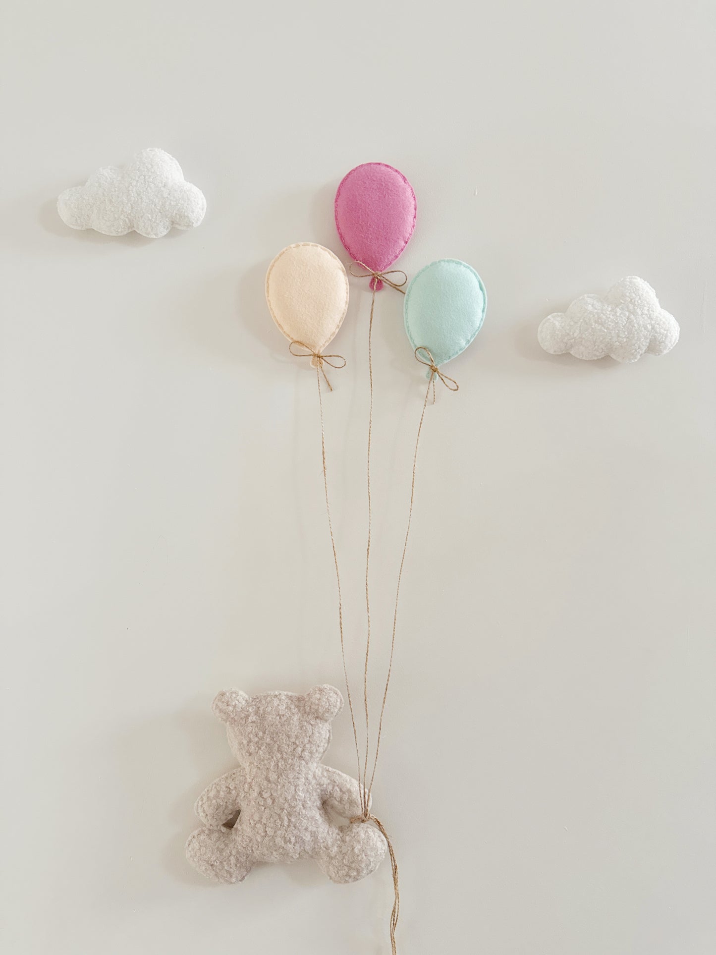Balloons & Clouds Wall Display Set - 3 Mini Balloons Mixed Colours, Large Teddy Bear - Ivory & Stone Bouclé