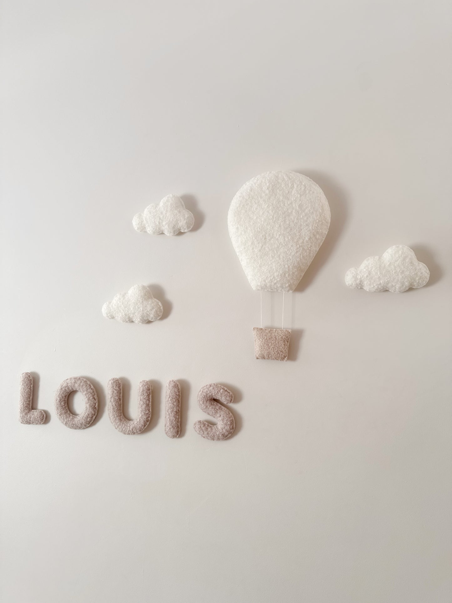 Personalised Name & Hot Air Balloons with Clouds Wall Display Set - Ivory & Stone Bouclé
