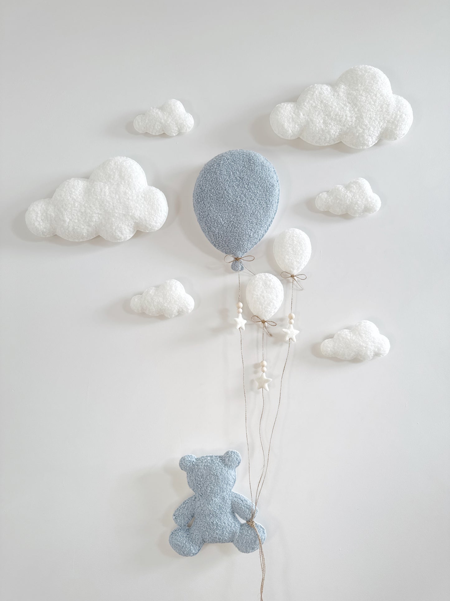 Balloons & Clouds Wall Display Set -10 piece set - Large Teddy Bear - Ivory & Baby Blue Bouclé