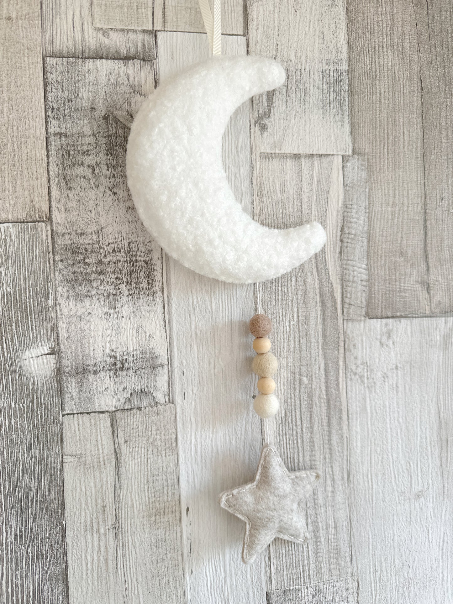 Mini Bouclé Moon & Star Hanging Decoration - Ivory Bouclé & Oatmeal Felt - READY TO POST