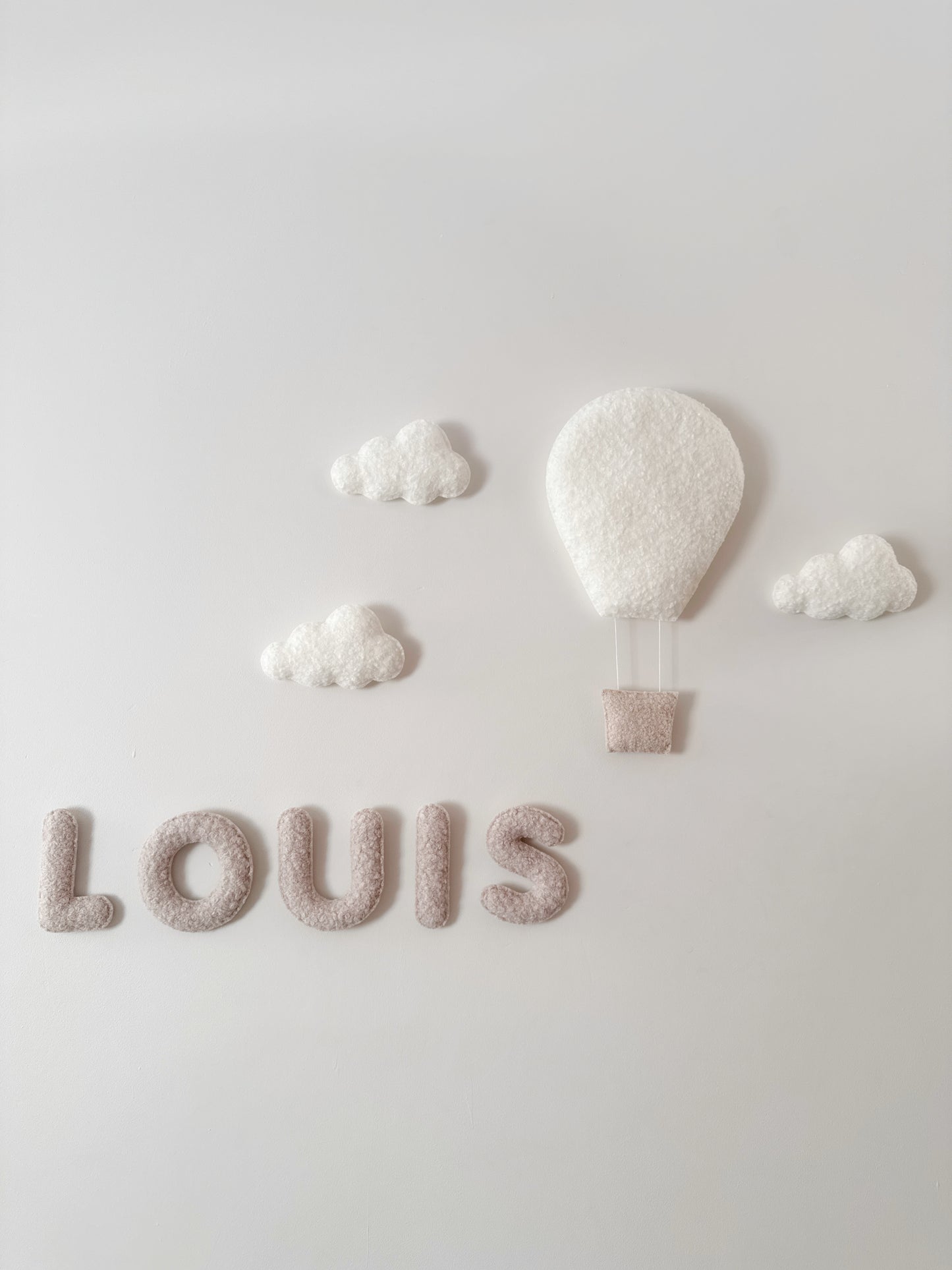 Personalised Name & Hot Air Balloons with Clouds Wall Display Set - Ivory & Stone Bouclé