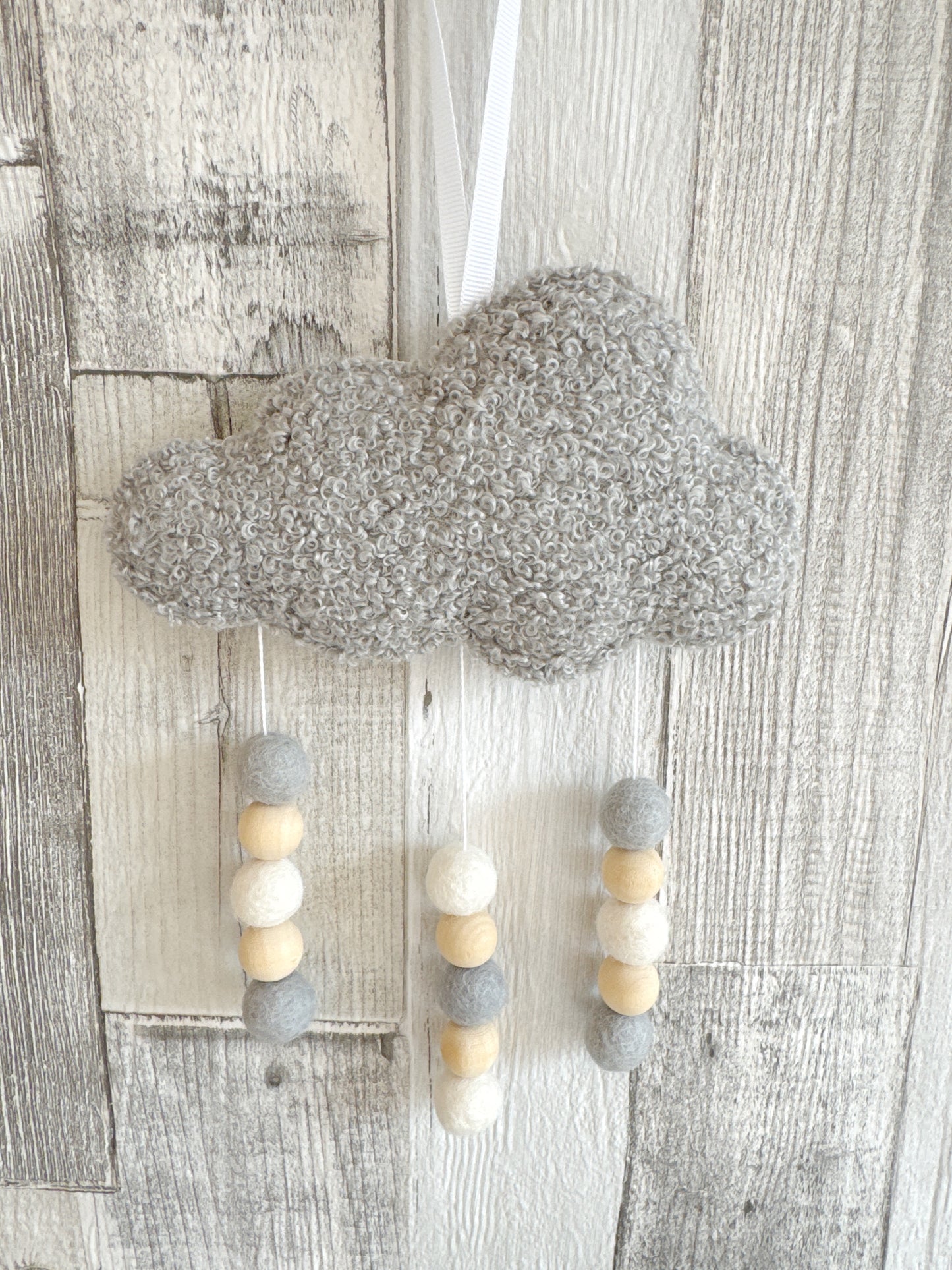 Cloud & Felt Balls Wall Hanger - Light Grey Bouclé - READY TO POST