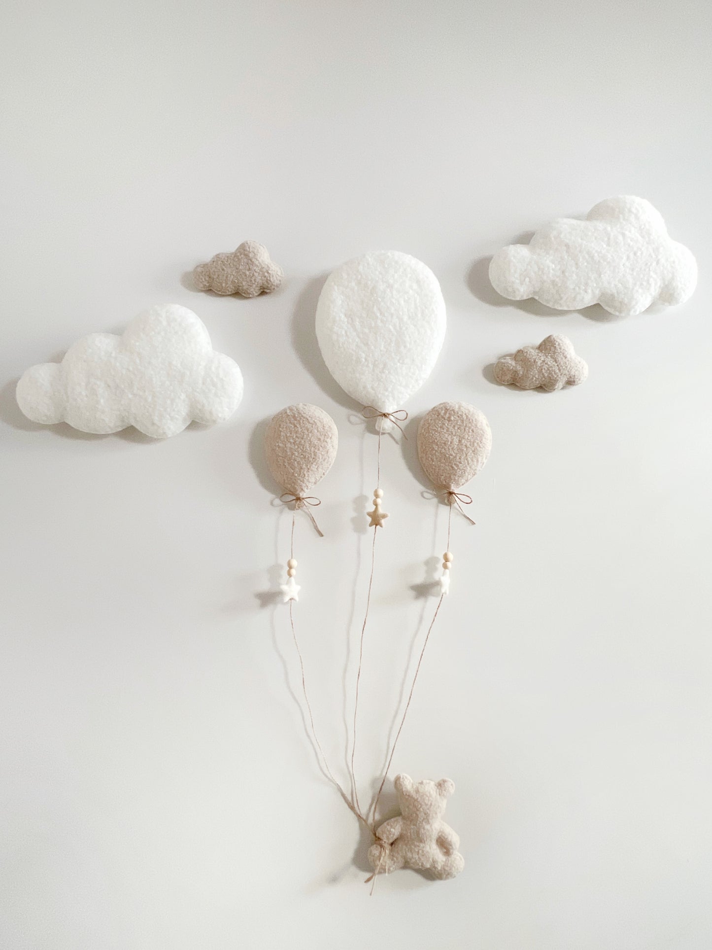 Balloons & Clouds Wall Display Set - 3 Balloons - Small Teddy Bear - Ivory & Ecru Bouclé