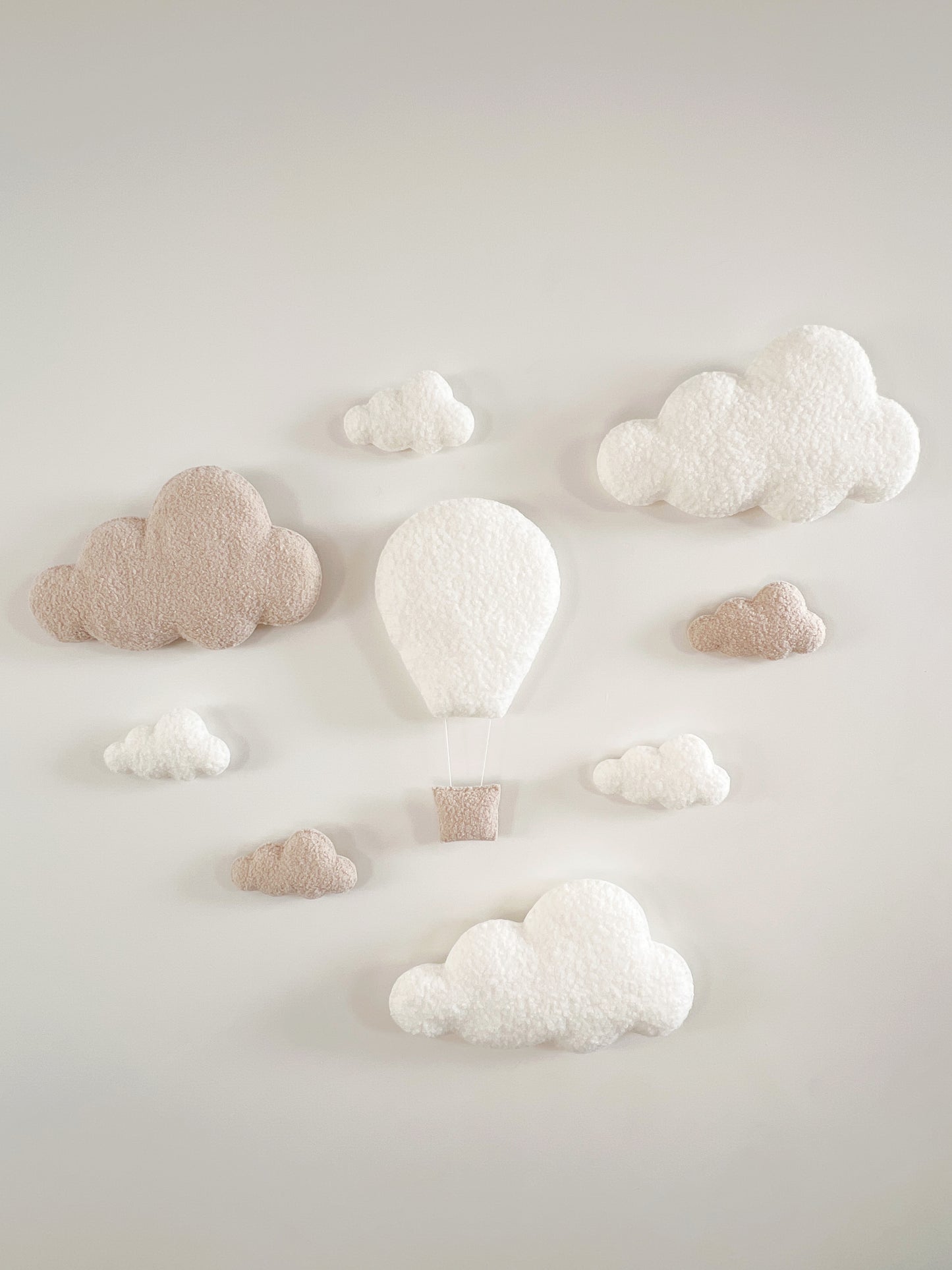 Large Hot Air Balloon Wall Display Set with XL & Small Clouds - 9 piece set - Ivory & Ecru Bouclé
