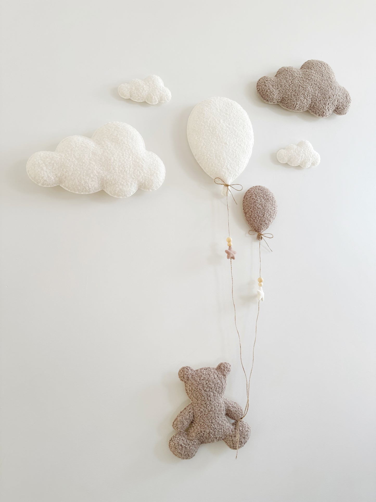 Balloons & Clouds Wall Display Set - 2 Balloons, Large Teddy Bear - Ivory & Taupe Bouclé