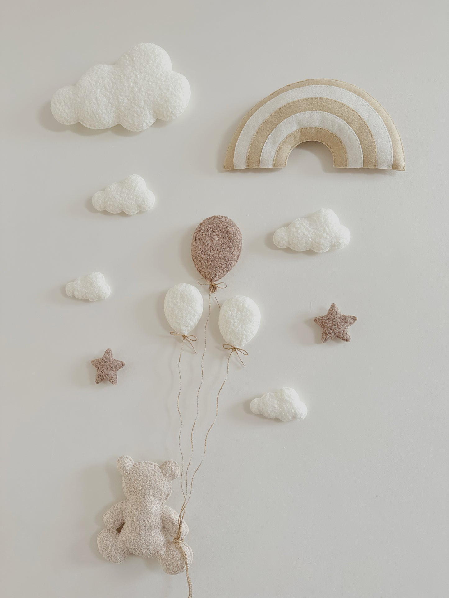 Layered Felt Rainbow, Balloons, Clouds & Stars Wall Display Set - Ivory, Taupe & Ecru Bouclé