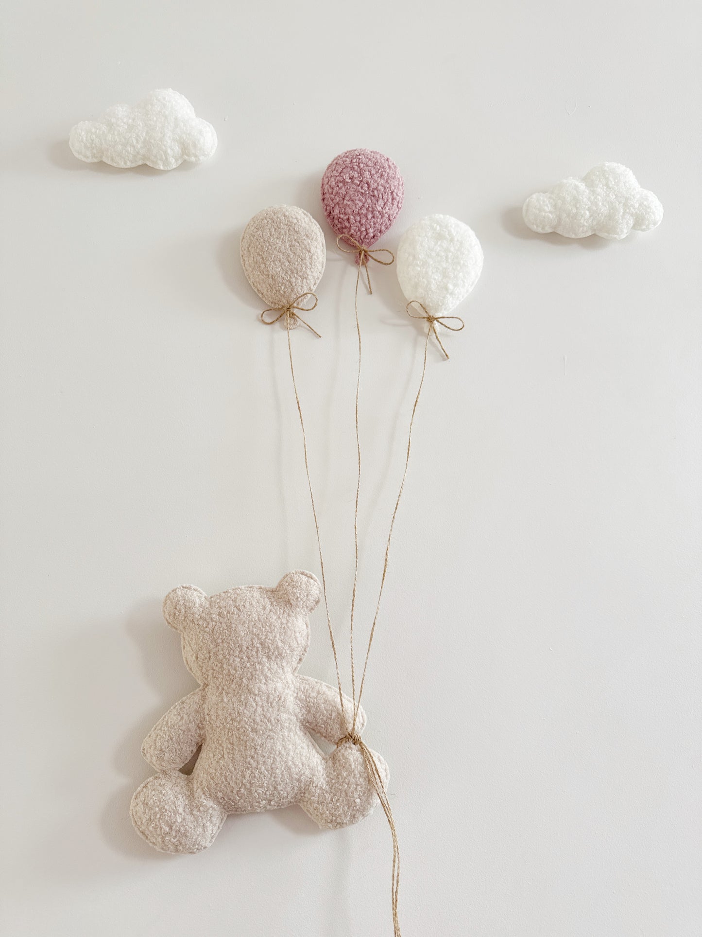 Balloons & Clouds Wall Display Set - 3 Mini Balloons, Large Teddy Bear - Dusty Rose, Ivory & Ecru bouclé