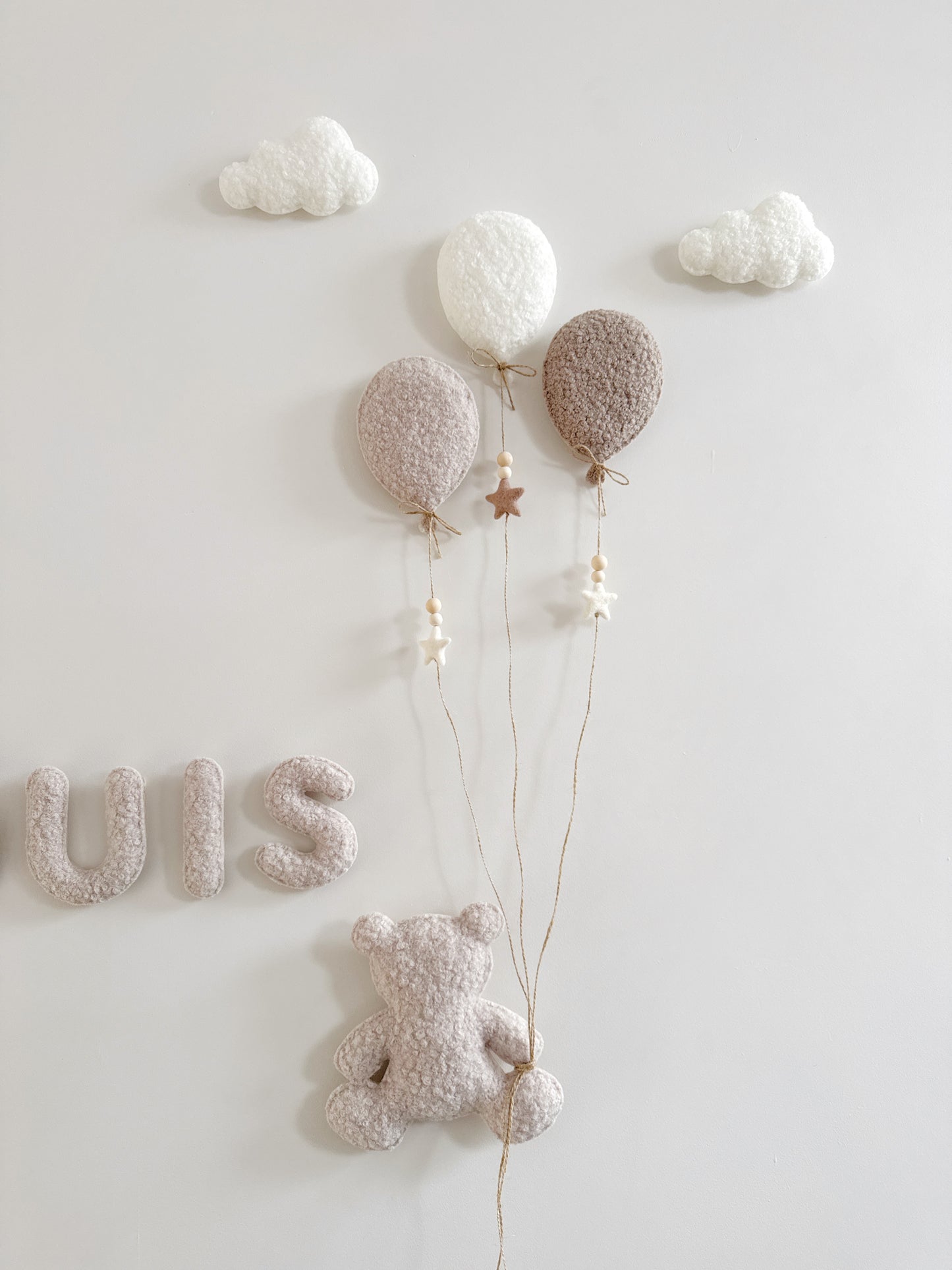Personalised Name with Large Teddy Bear & 3 Small Balloons Mix Wall Display Set - Ivory & Stone Bouclé
