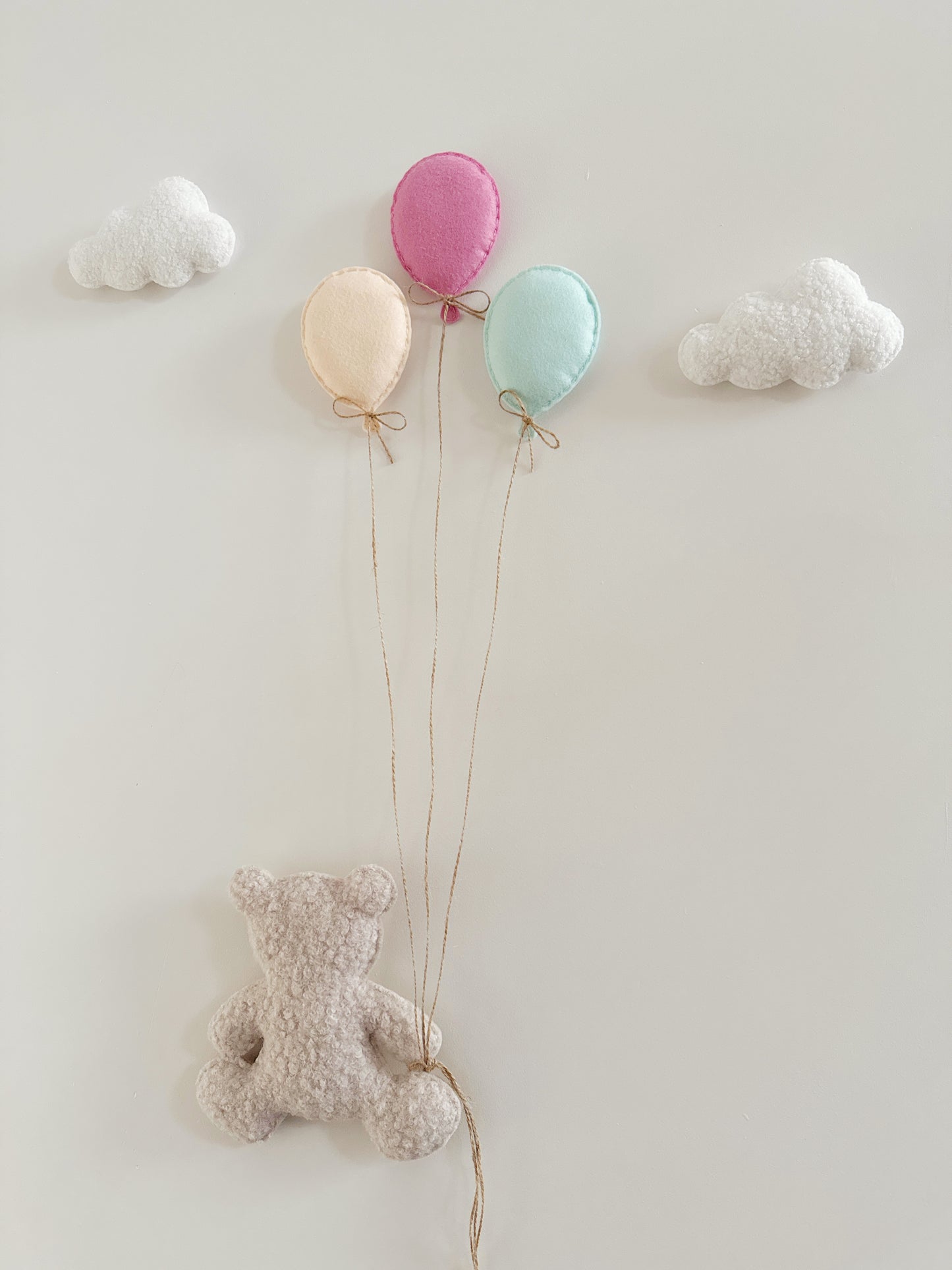 Balloons & Clouds Wall Display Set - 3 Mini Balloons Mixed Colours, Large Teddy Bear - Ivory & Stone Bouclé