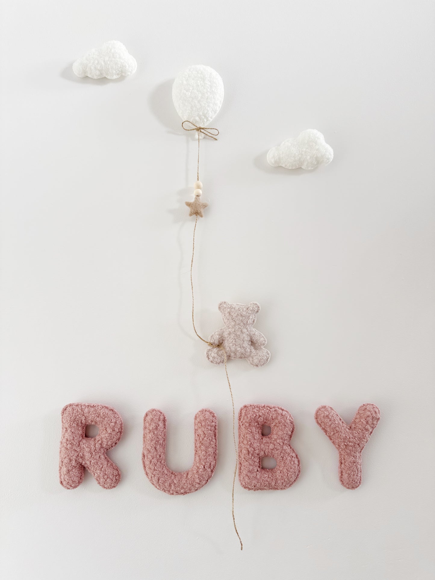 Personalised Name with Mini Teddy Bear, Balloon & Clouds Wall Display Set - Ivory, Rose & Stone Bouclé