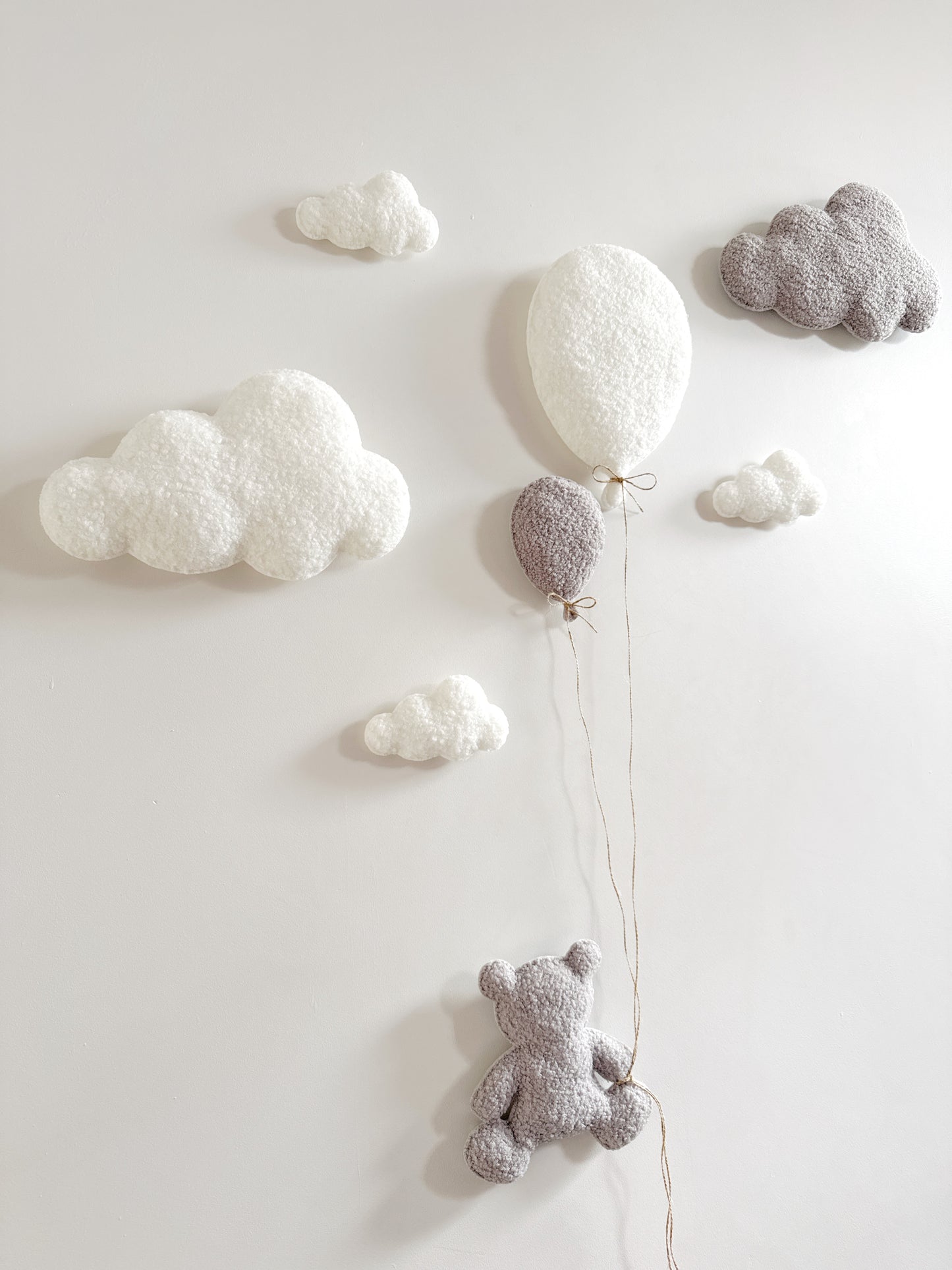 Balloons & Clouds Wall Display Set - 2 Balloons, Large Teddy Bear - Ivory & Light Grey Bouclé