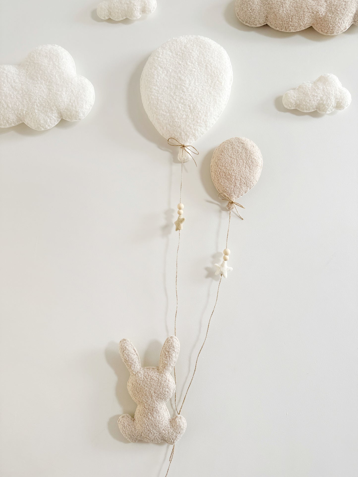 Balloons & Clouds Wall Display Set - 2 Balloons, Large Bunny - Ivory & Ecru Bouclé