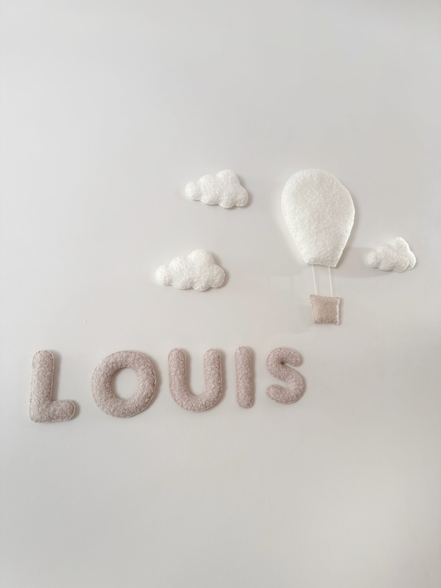 Personalised Name & Hot Air Balloons with Clouds Wall Display Set - Ivory & Stone Bouclé