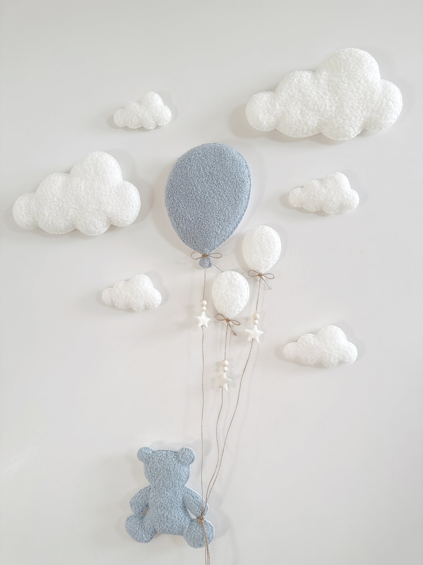 Balloons & Clouds Wall Display Set -10 piece set - Large Teddy Bear - Ivory & Baby Blue Bouclé