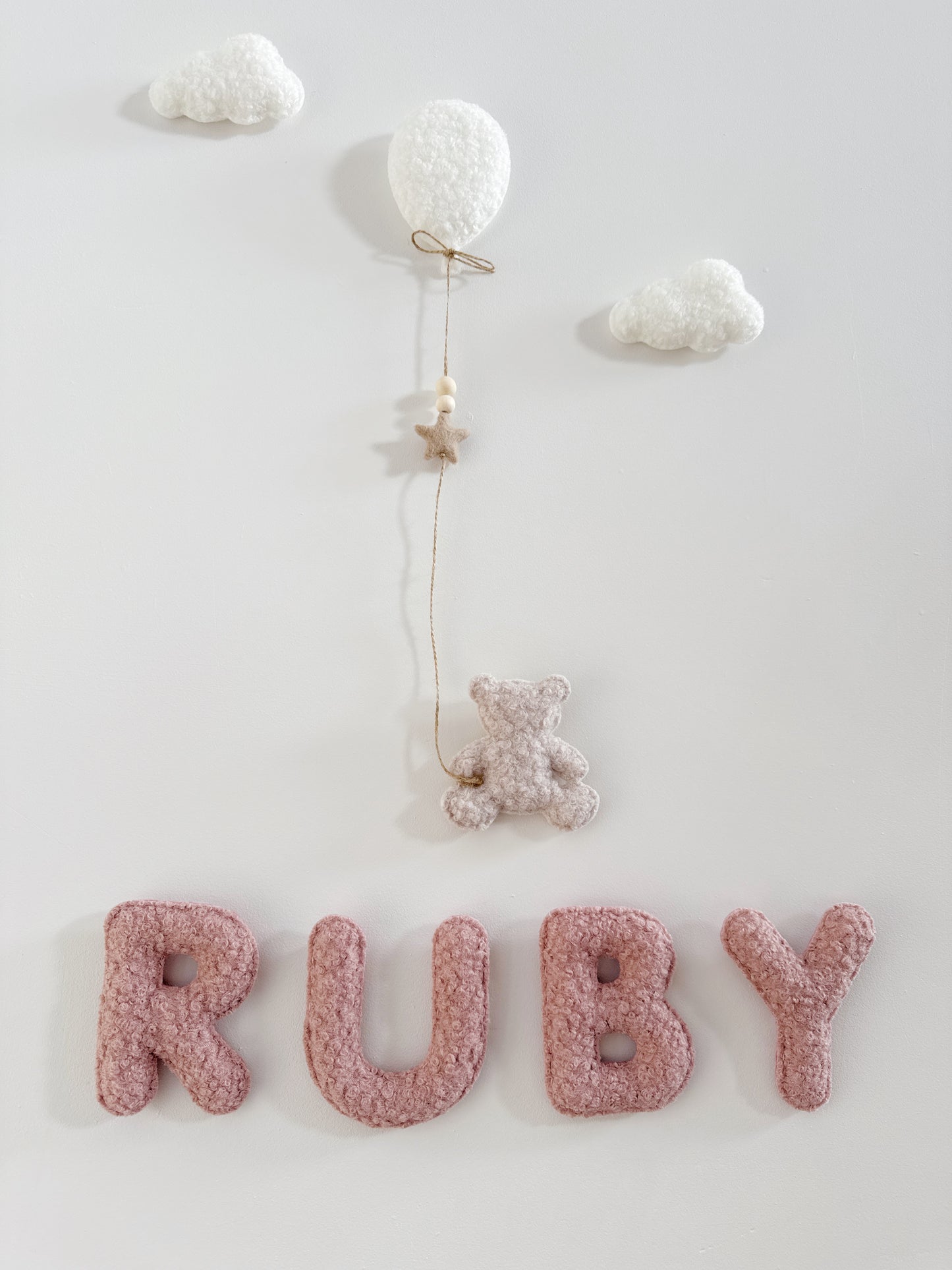 Personalised Name with Mini Teddy Bear, Balloon & Clouds Wall Display Set - Ivory, Rose & Stone Bouclé