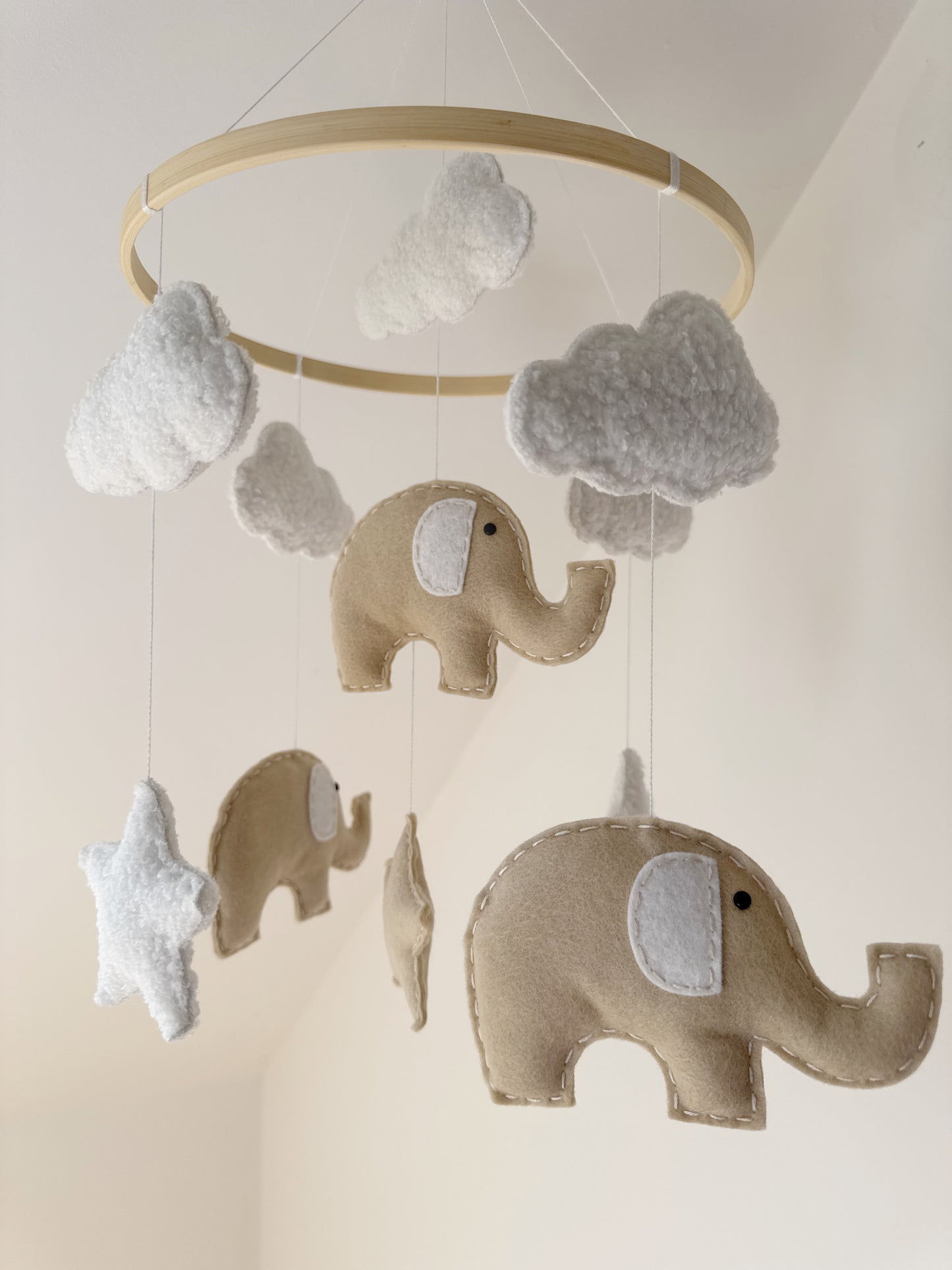 Elephants, Clouds & Stars Cot Mobile - Beige Felt & White Bouclé