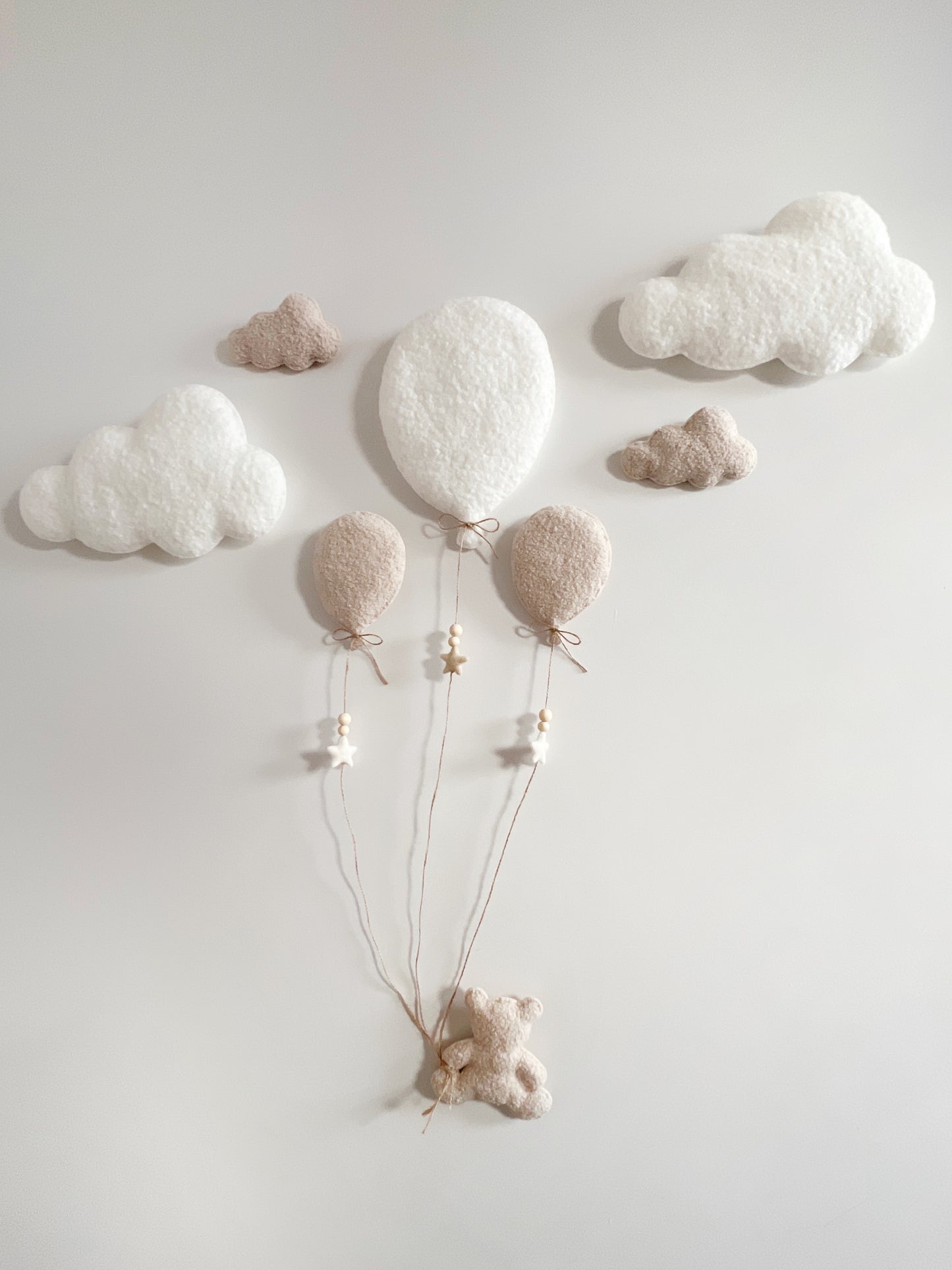 Balloons & Clouds Wall Display Set - 3 Balloons - Small Teddy Bear - Ivory & Ecru Bouclé