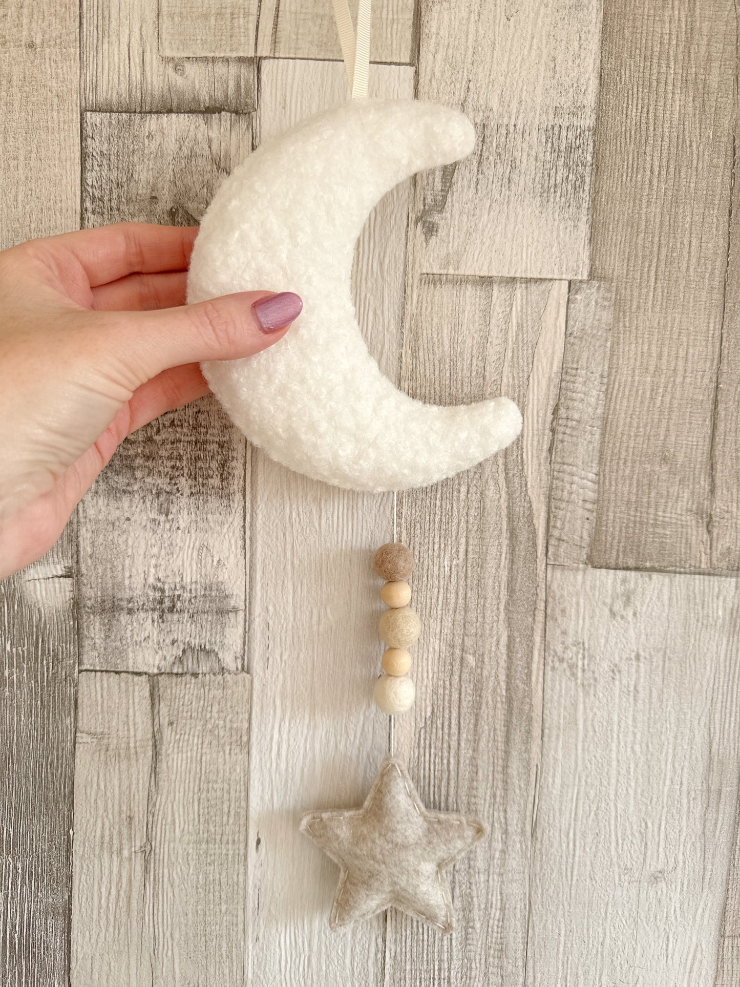 Mini Bouclé Moon & Star Hanging Decoration - Ivory Bouclé & Oatmeal Felt - READY TO POST