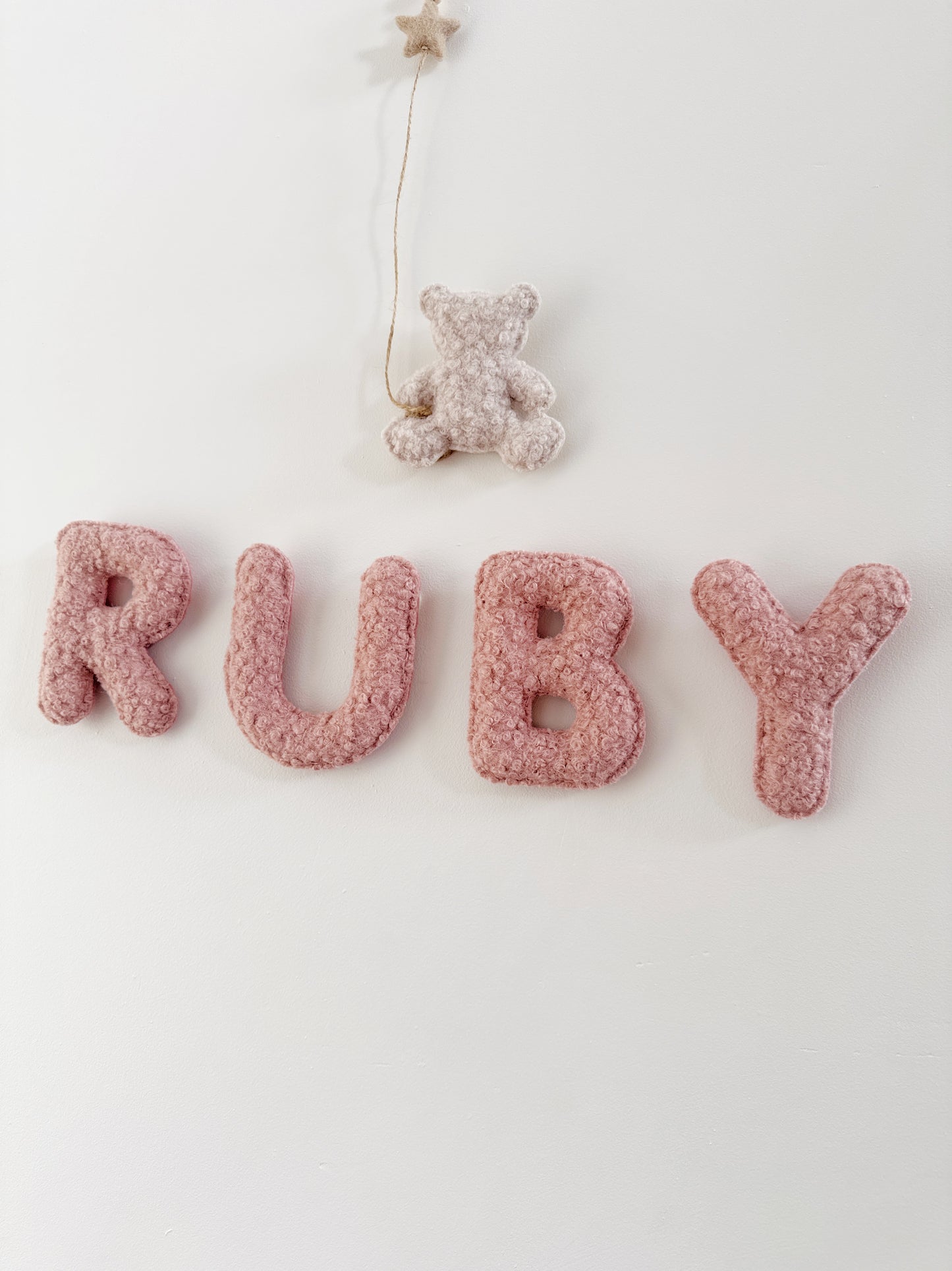 Personalised Name with Mini Teddy Bear, Balloon & Clouds Wall Display Set - Ivory, Rose & Stone Bouclé