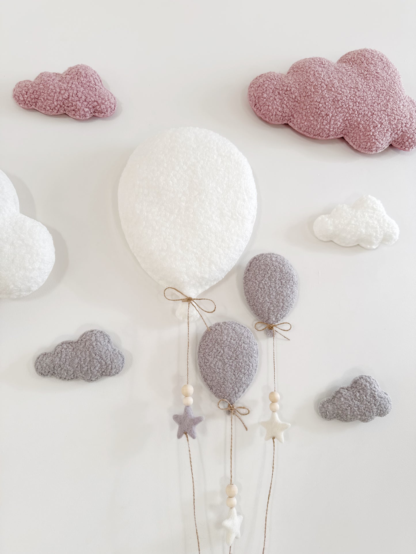 Balloons & Clouds Wall Display Set -10 piece set - Large Teddy Bear - Dusty Rose, Light Grey & Ivory Bouclé