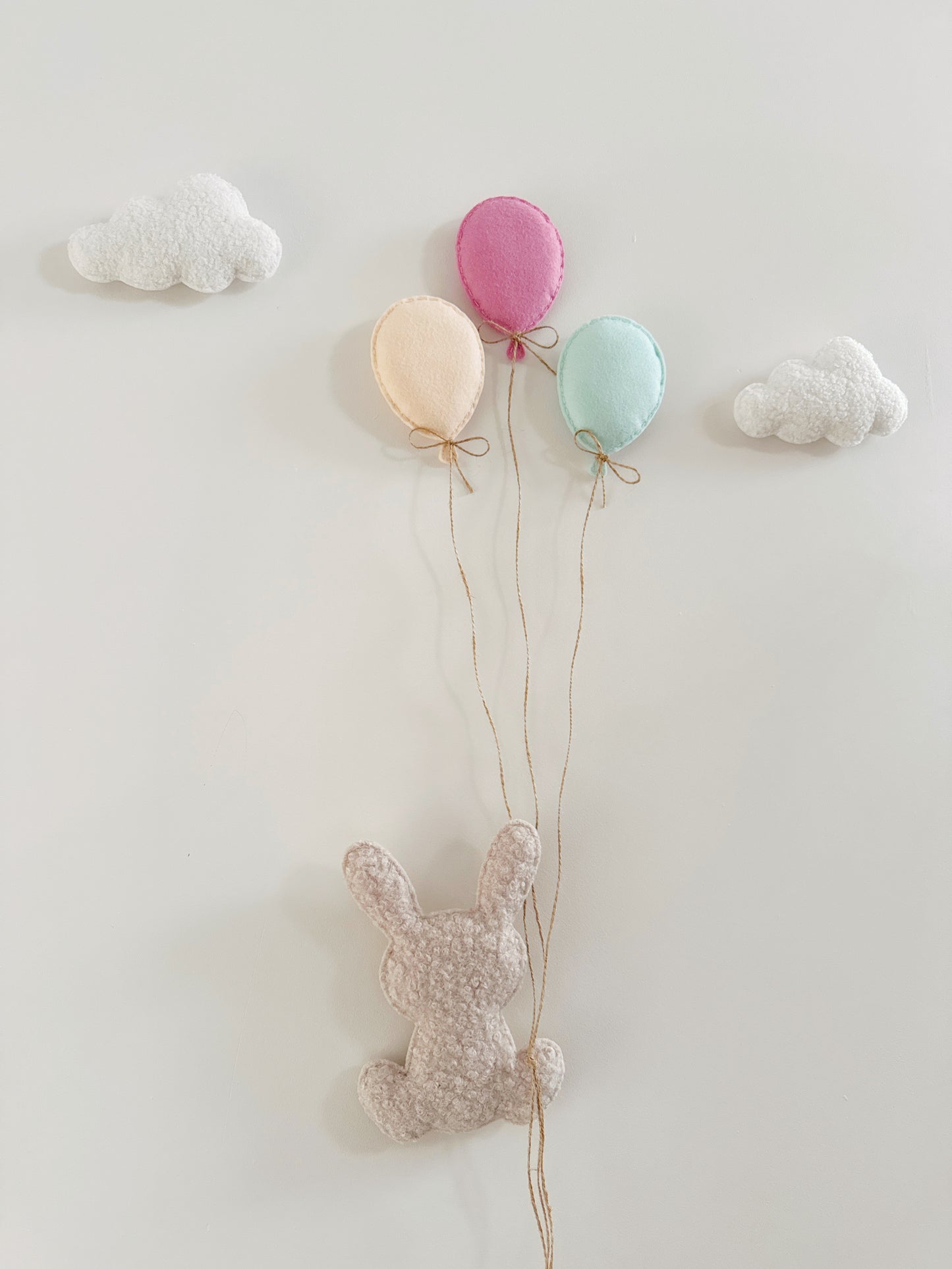 Balloons & Clouds Wall Display Set - 3 Mini Balloons , Large Bunny - Ivory & Stone Bouclé