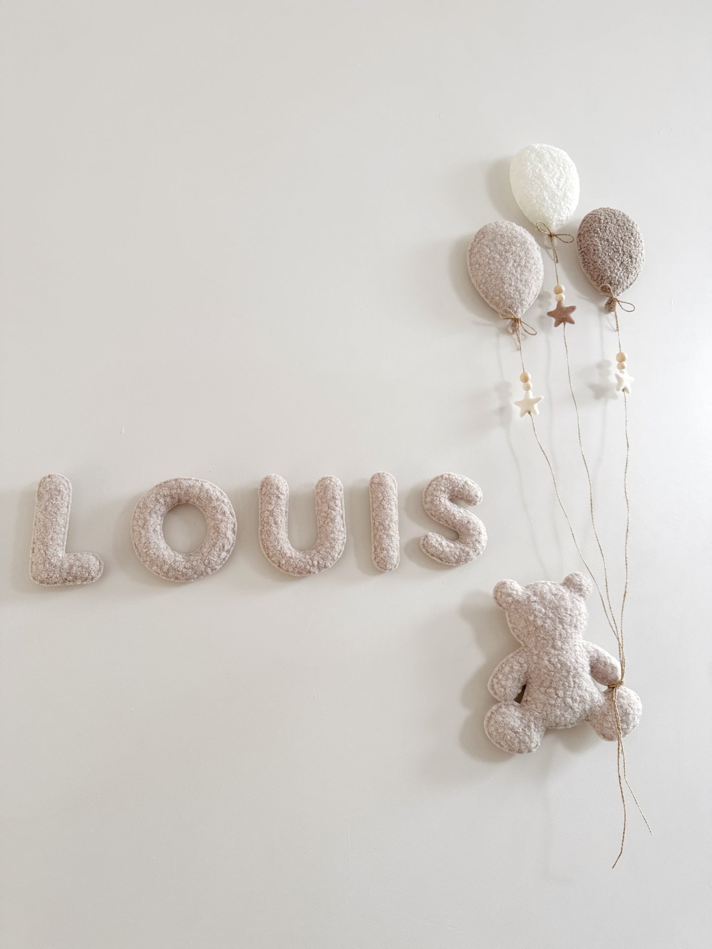 Personalised Name with Large Teddy Bear & 3 Small Balloons Mix - No Clouds - Wall Display Set - Ivory & Stone Bouclé