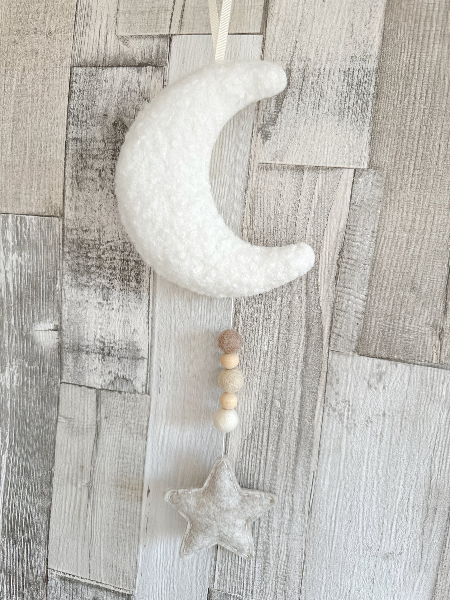 Mini Bouclé Moon & Star Hanging Decoration - Ivory Bouclé & Oatmeal Felt - READY TO POST
