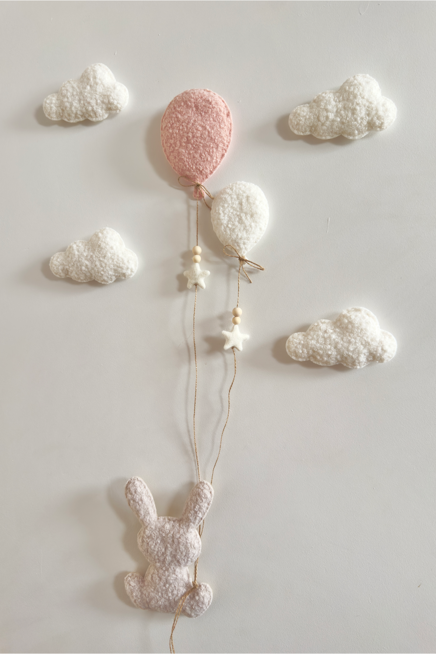 Balloon & Clouds Wall Display Set - 7 piece Small & Mini Balloons - Large Bunny - Ivory, Stone & Baby Pink Bouclé