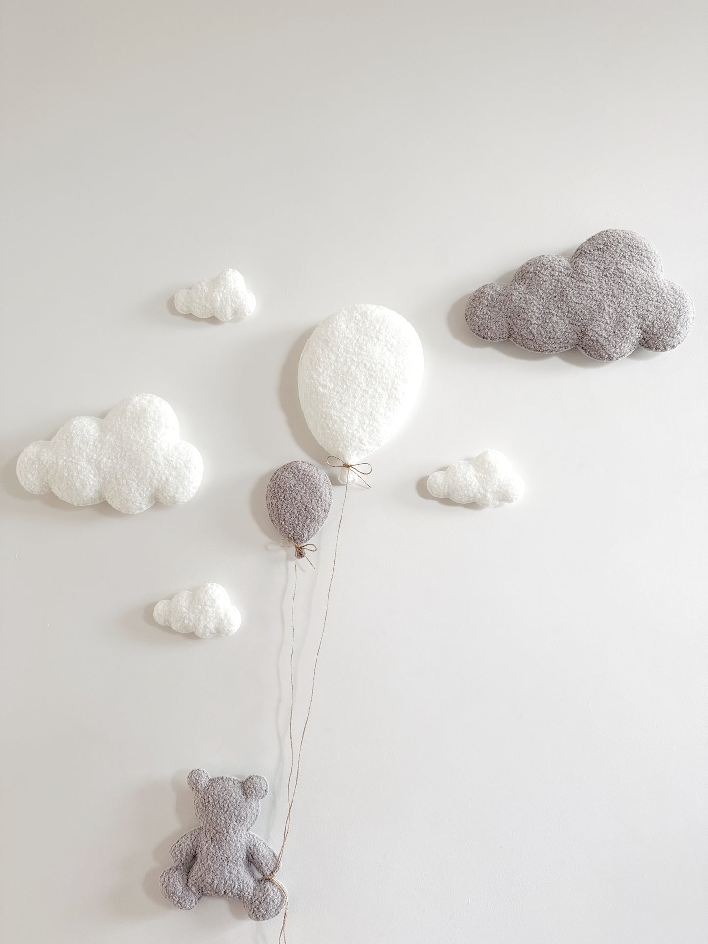 Balloons & Clouds Wall Display Set - 2 Balloons, Large Teddy Bear - Ivory & Light Grey Bouclé