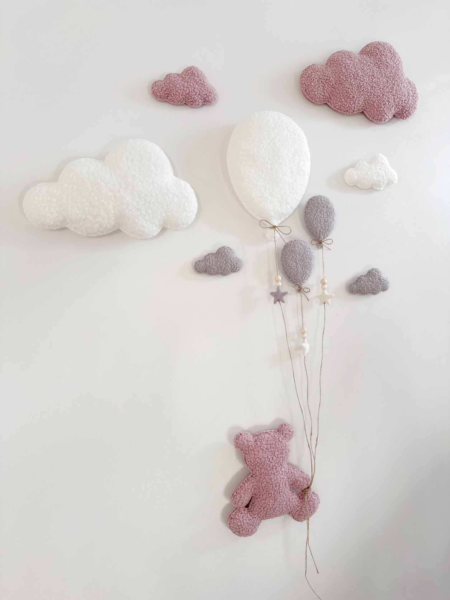 Balloons & Clouds Wall Display Set -10 piece set - Large Teddy Bear - Dusty Rose, Light Grey & Ivory Bouclé