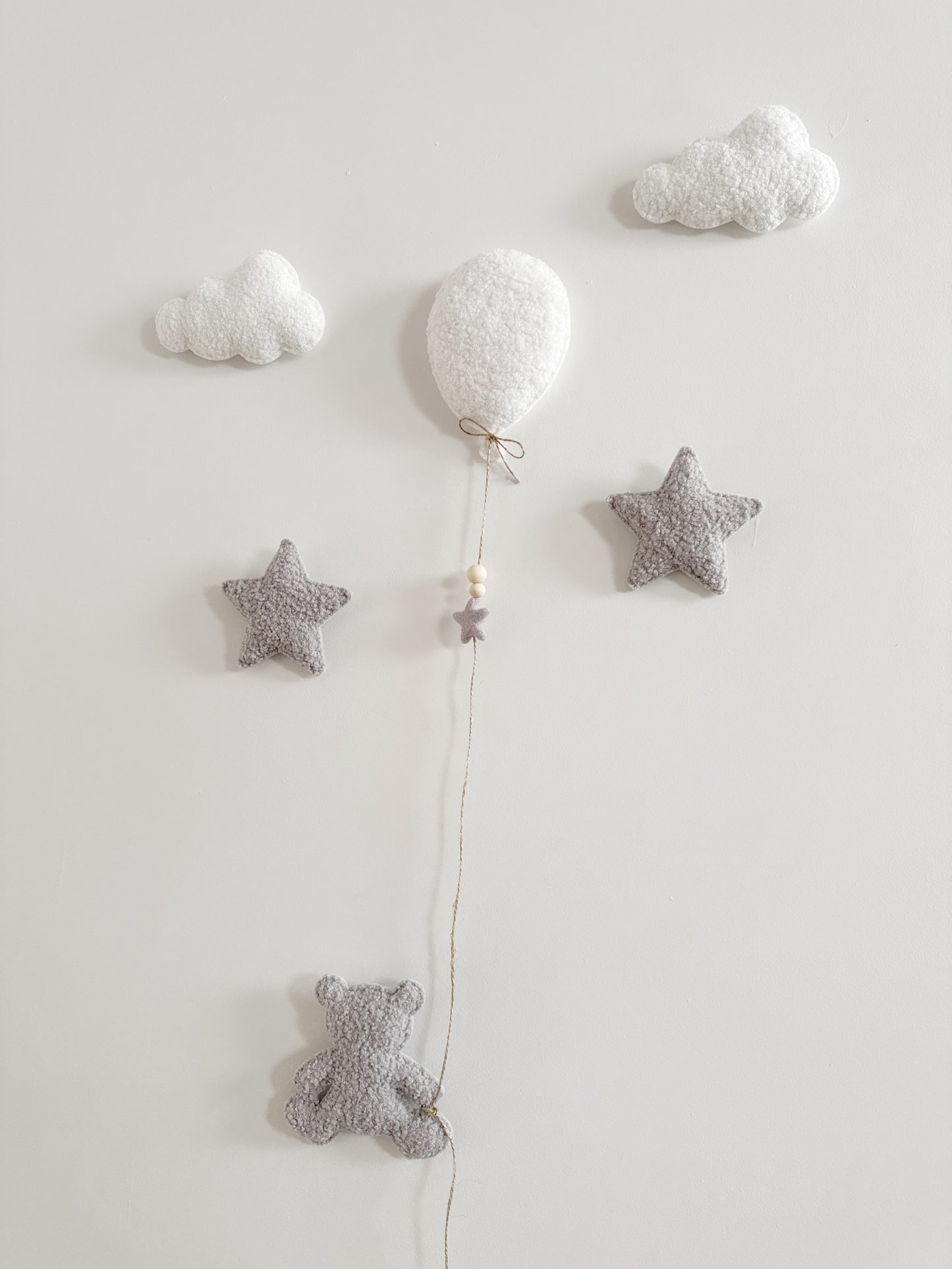 Mini Baby Bear Wall Display Set - Balloon & Teddy Bear with Clouds & Stars - White & Light Grey Bouclé