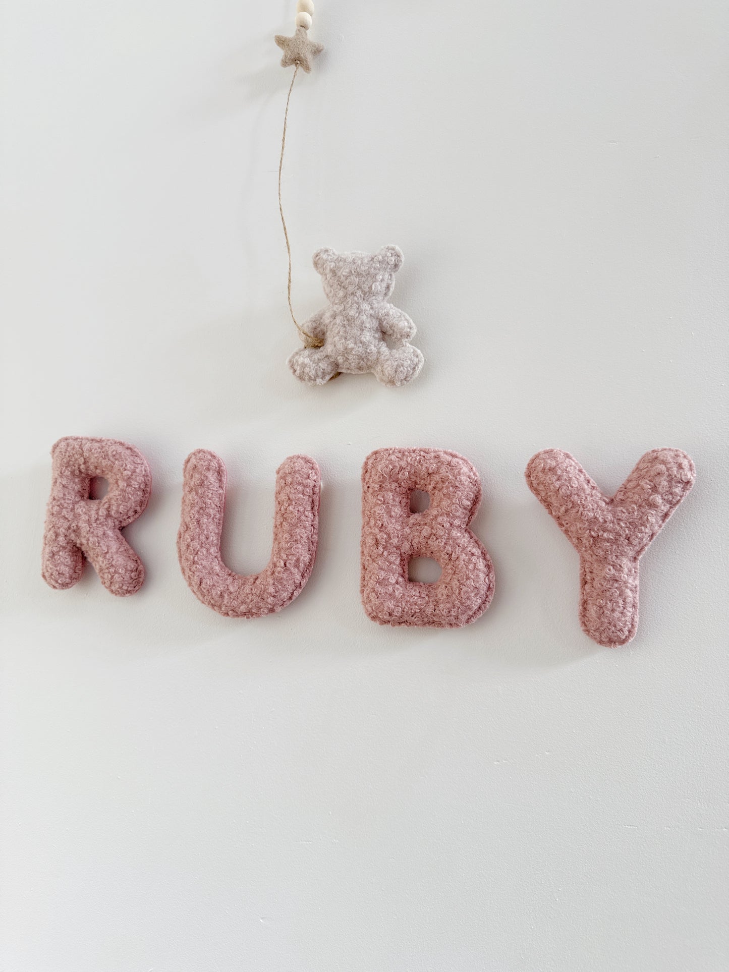 Personalised Name with Mini Teddy Bear, Balloon & Clouds Wall Display Set - Ivory, Rose & Stone Bouclé