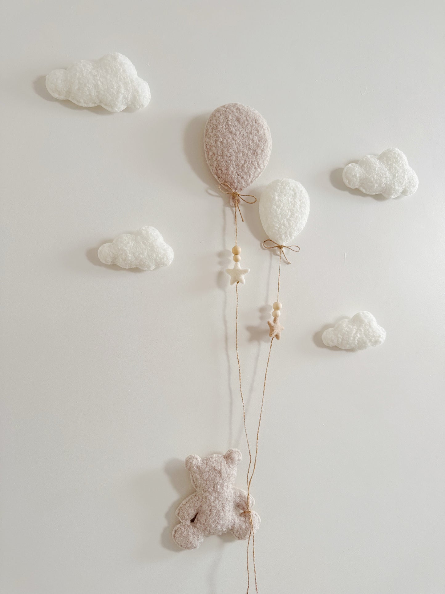 Balloons & Clouds 7pc Wall Display Set - 2 Balloons, Small Teddy Bear - Ivory & Stone