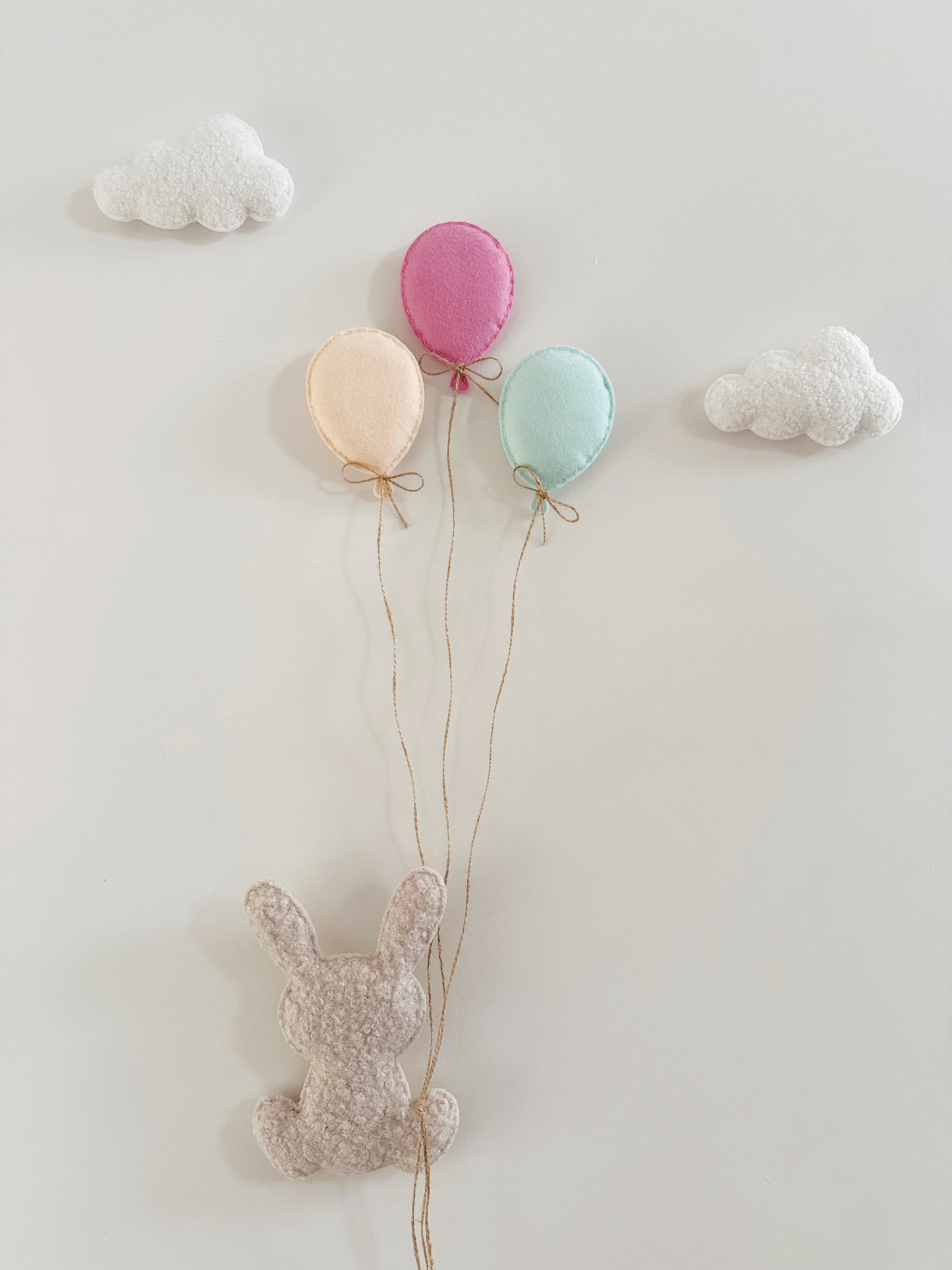 Balloons & Clouds Wall Display Set - 3 Mini Balloons Mixed Colours, Large Bunny - Ivory & Stone Bouclé - READY TO POST