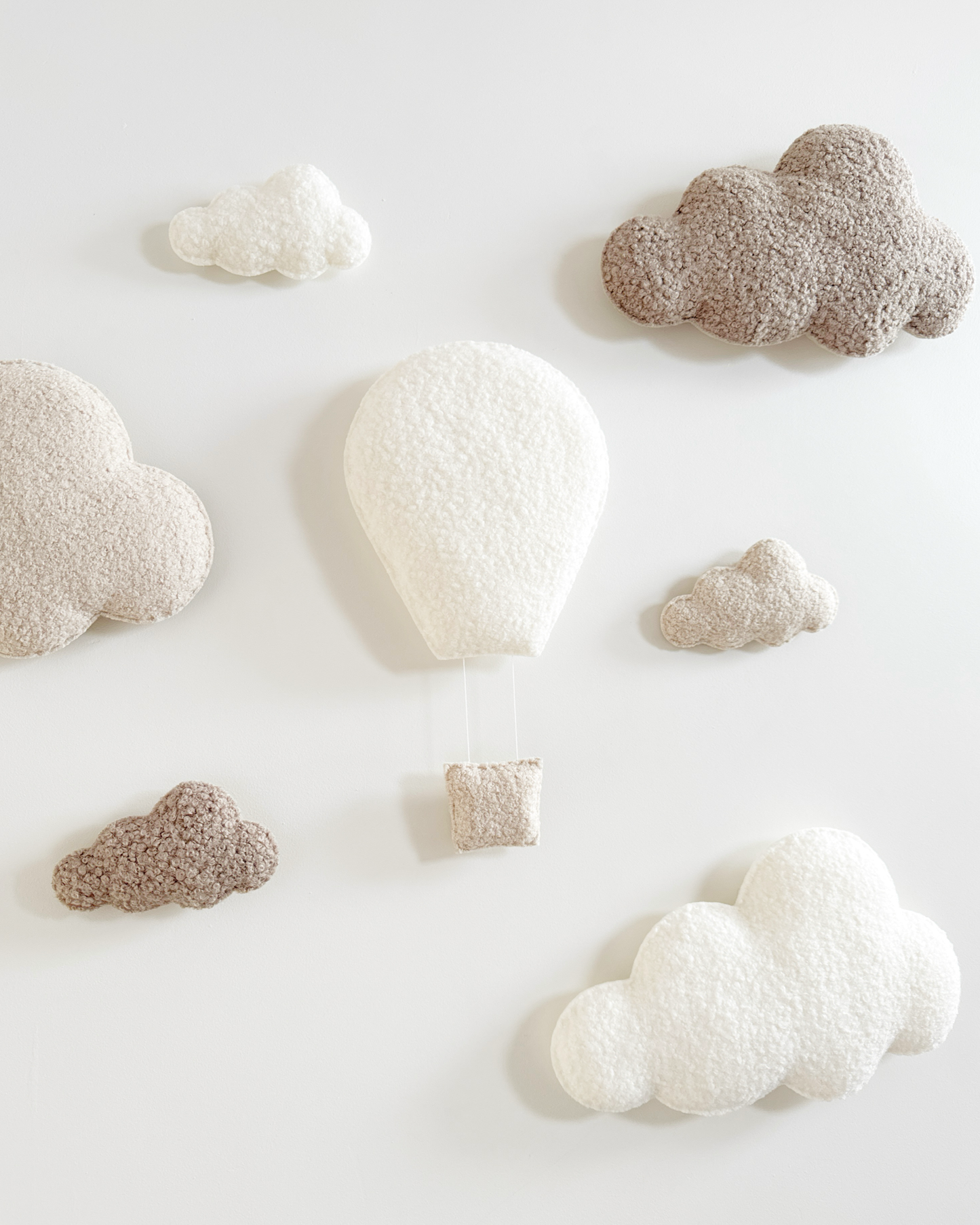 Large Hot Air Balloon Wall Display Set with XL & Small Clouds - 7 piece set - Ivory, Taupe & Ecru Bouclé