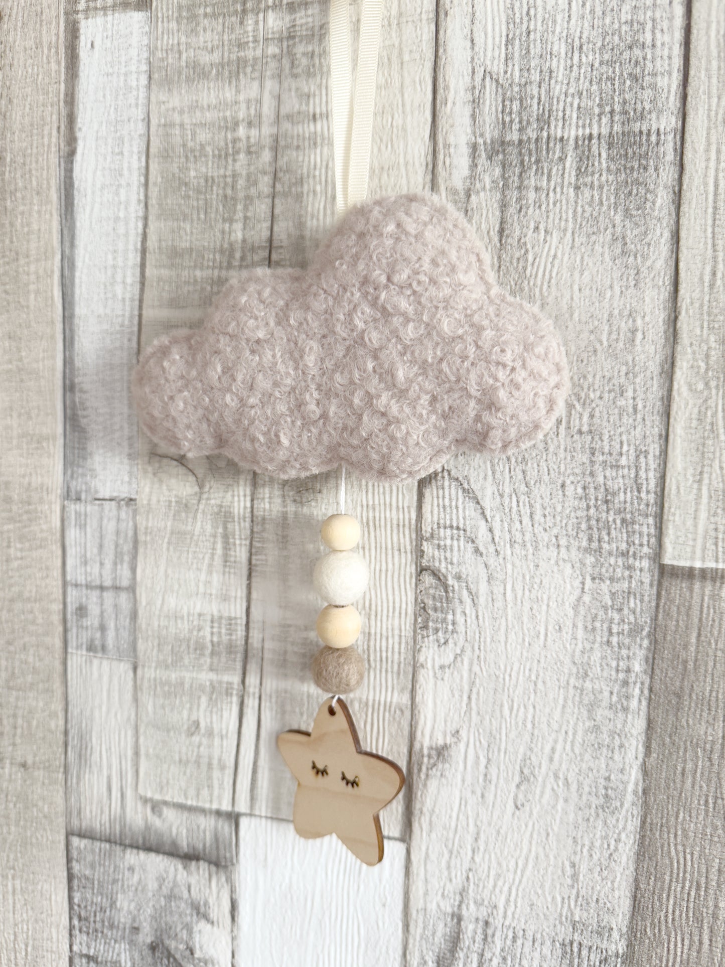 Bouclé Cloud & Sleepy Star Hanging Decoration - Stone Bouclé - READY TO POST