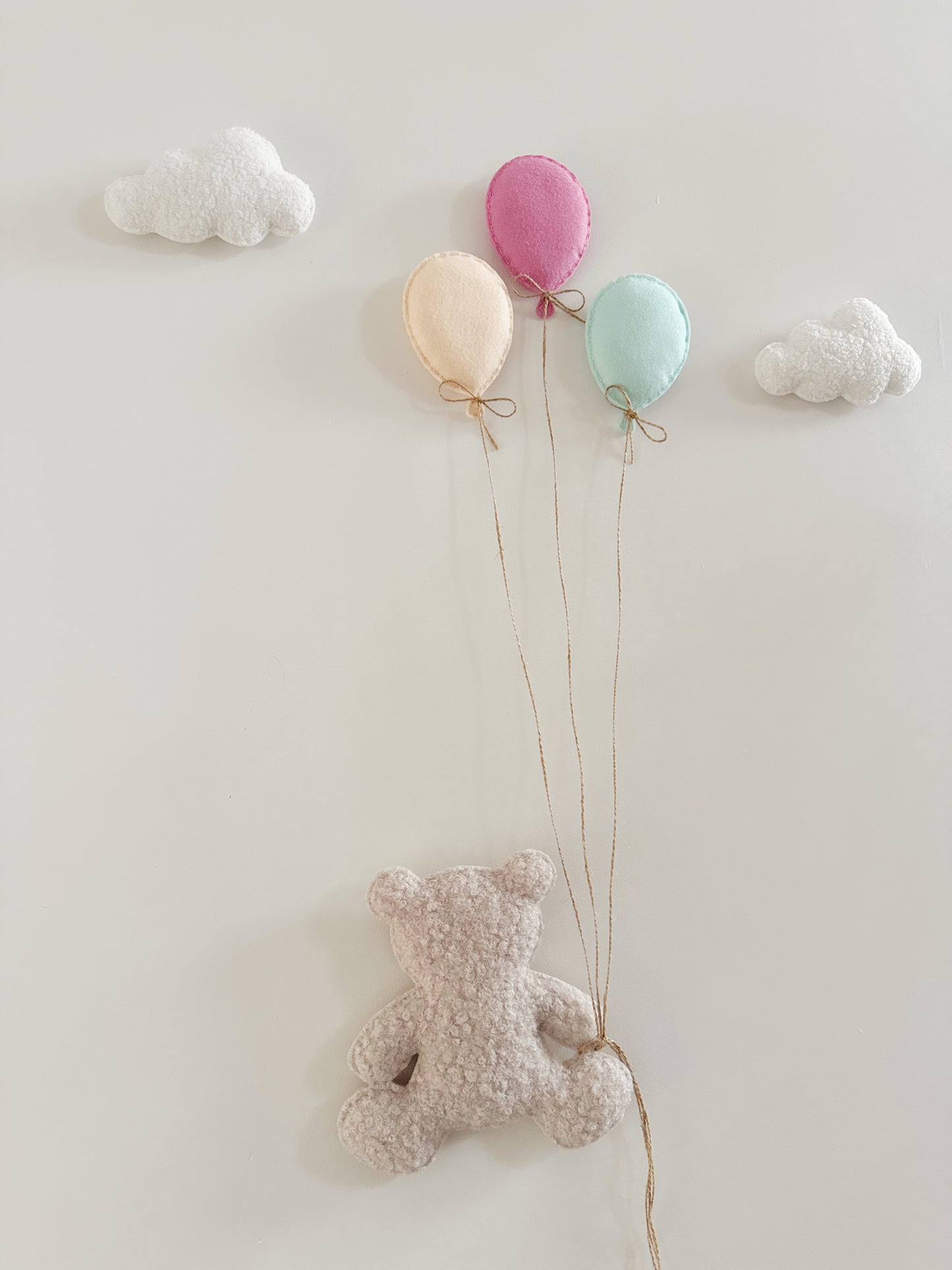 Balloons & Clouds Wall Display Set - 3 Mini Balloons Mixed Colours, Large Teddy Bear - Ivory & Stone Bouclé