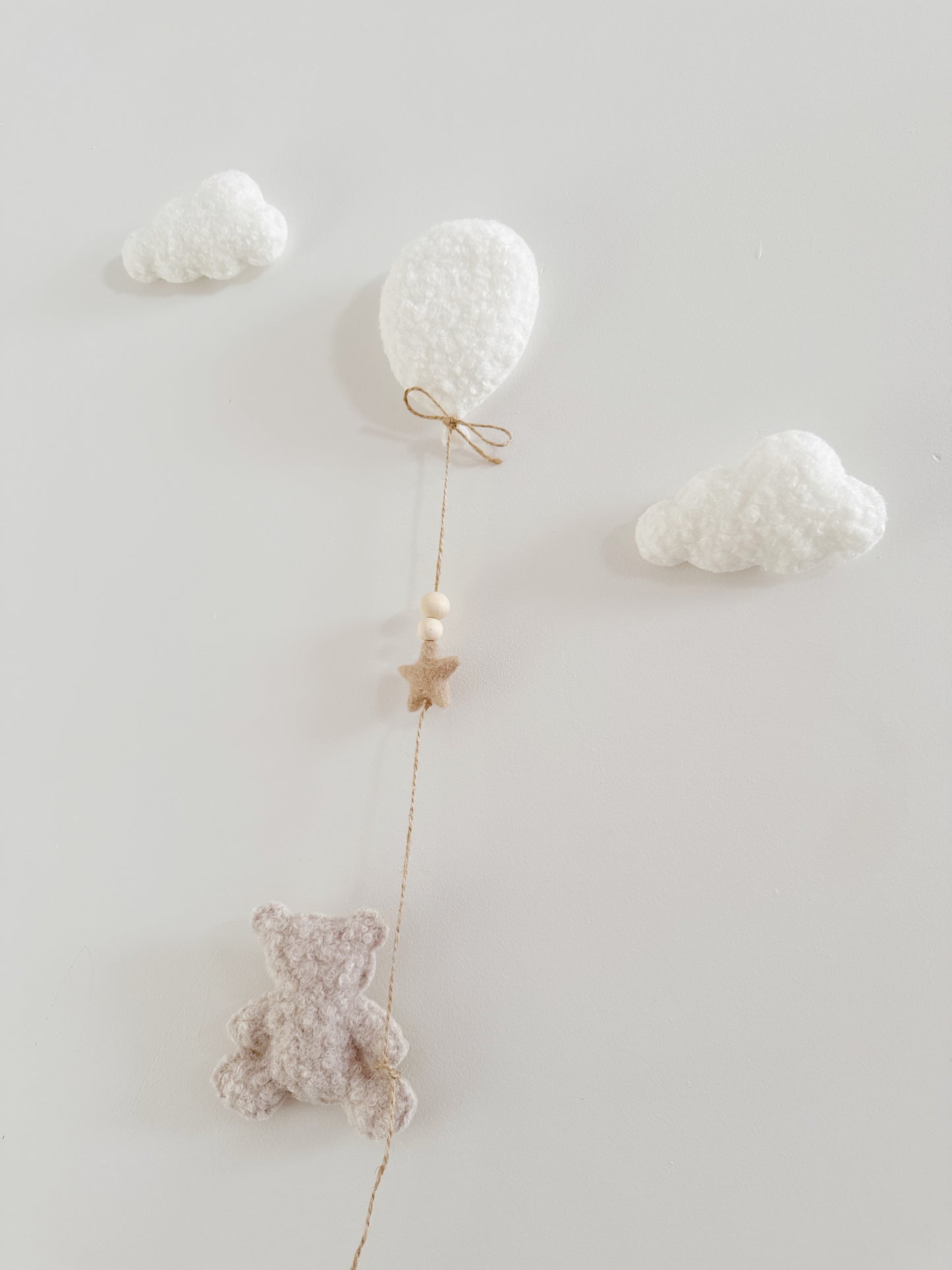 Mini Baby Bear Wall Display Set - Balloon & Teddy Bear with Clouds - Ivory & Stone Bouclé