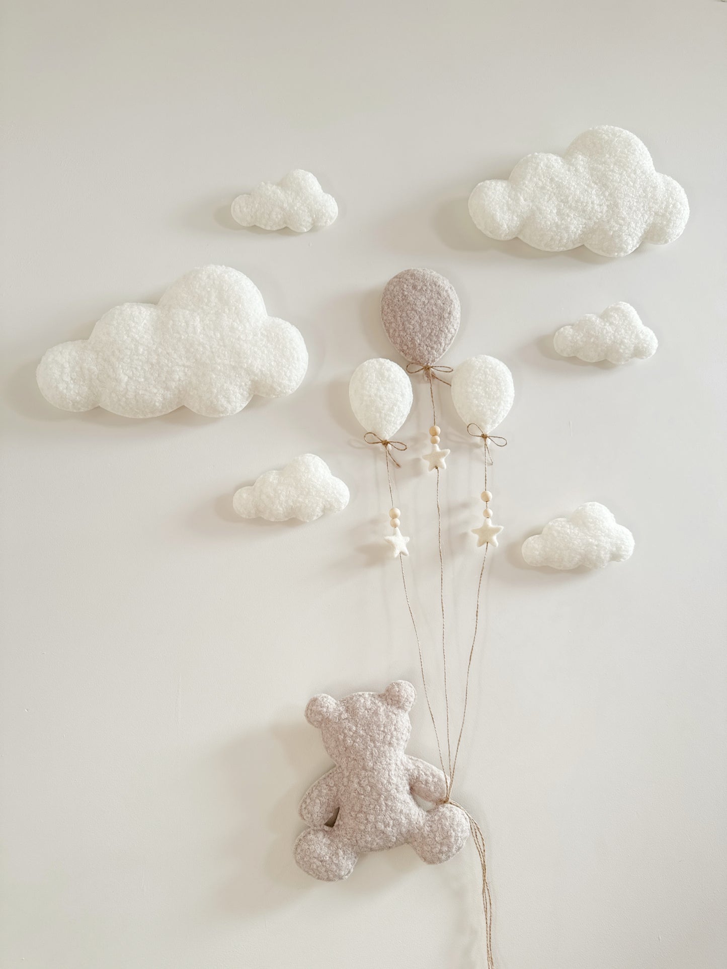 Balloon & Clouds Wall Display Set - 10 piece Set with XL Clouds, Small & Mini Balloons - Large Teddy Bear - Ivory & Stone Bouclé