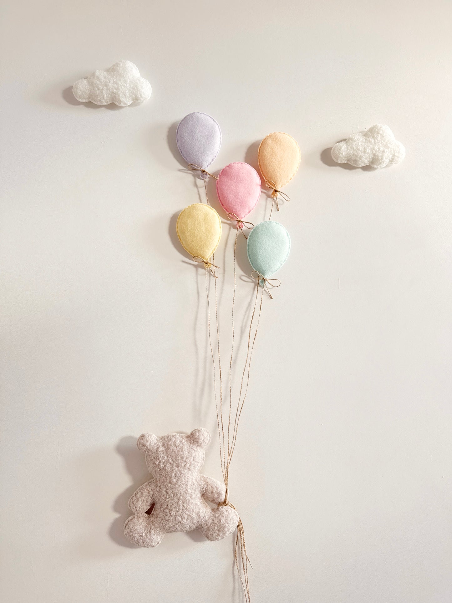 Balloons & Clouds Wall Display Set - 5 Pastel Mini Balloons, Large Teddy Bear - Ivory & Stone Bouclé