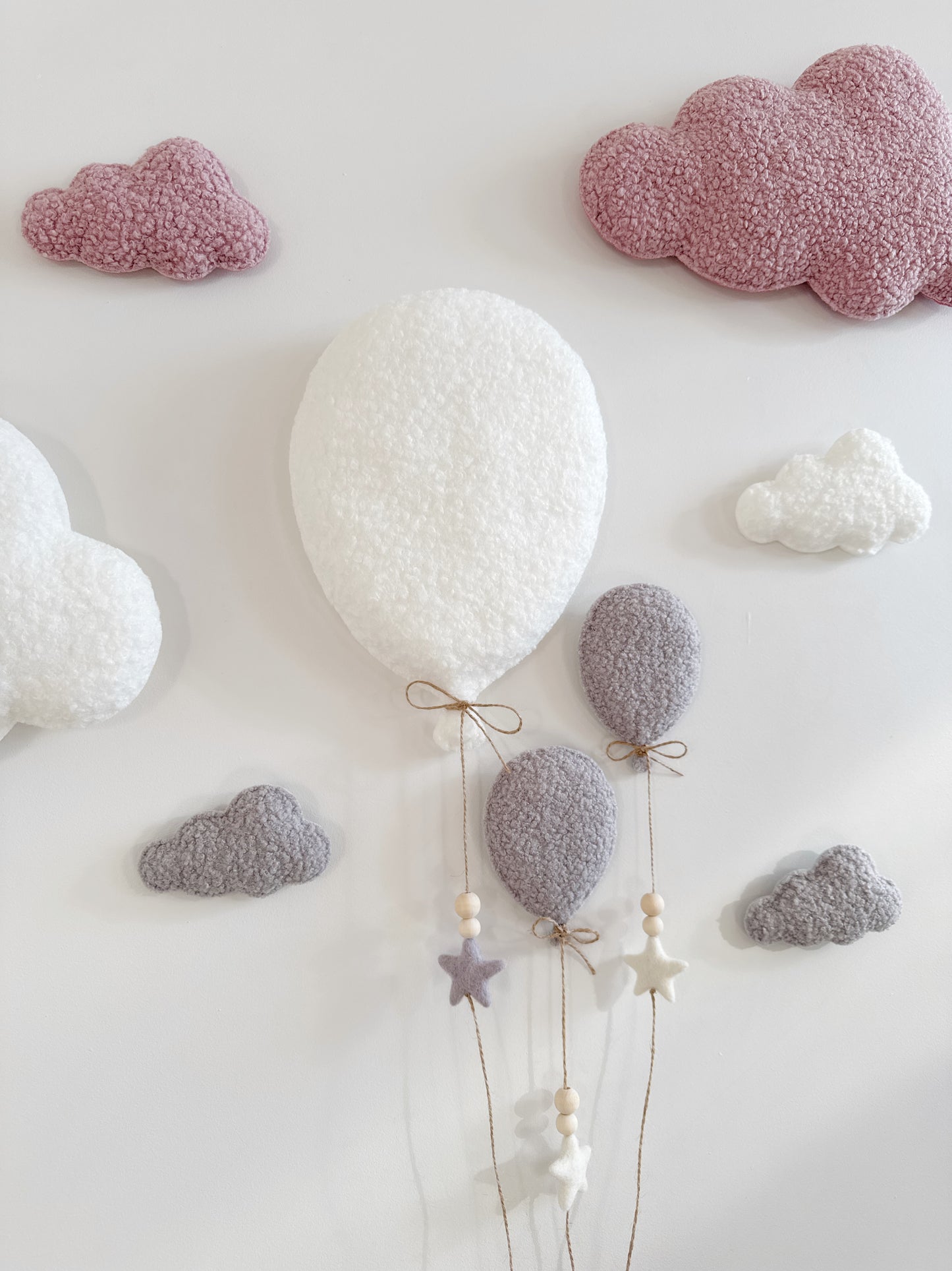 Balloons & Clouds Wall Display Set -10 piece set - Large Teddy Bear - Dusty Rose, Light Grey & Ivory Bouclé