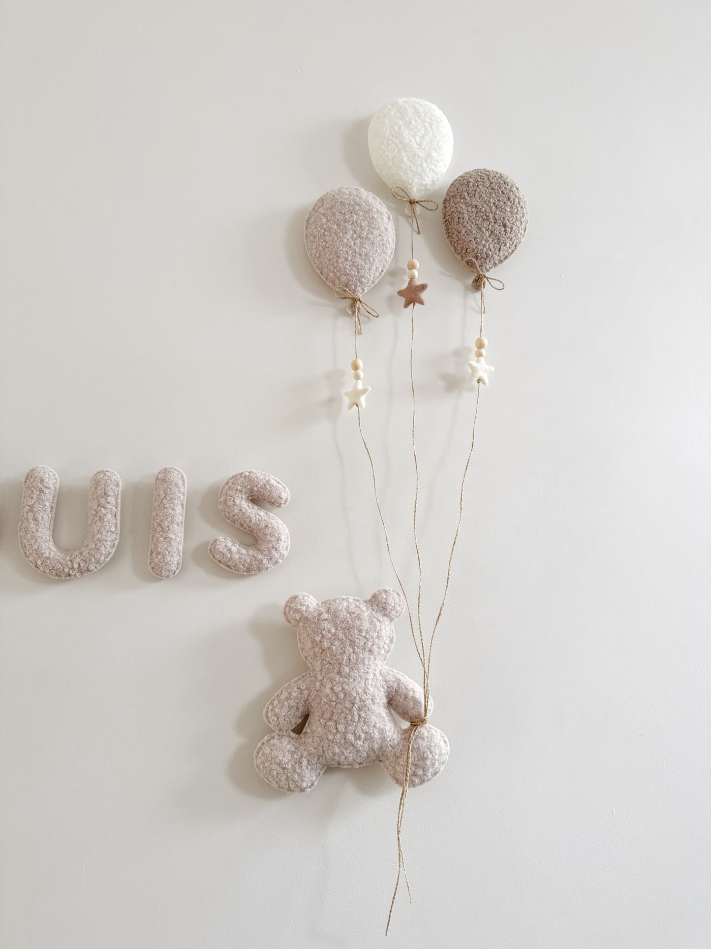 Personalised Name with Large Teddy Bear & 3 Small Balloons Mix - No Clouds - Wall Display Set - Ivory & Stone Bouclé