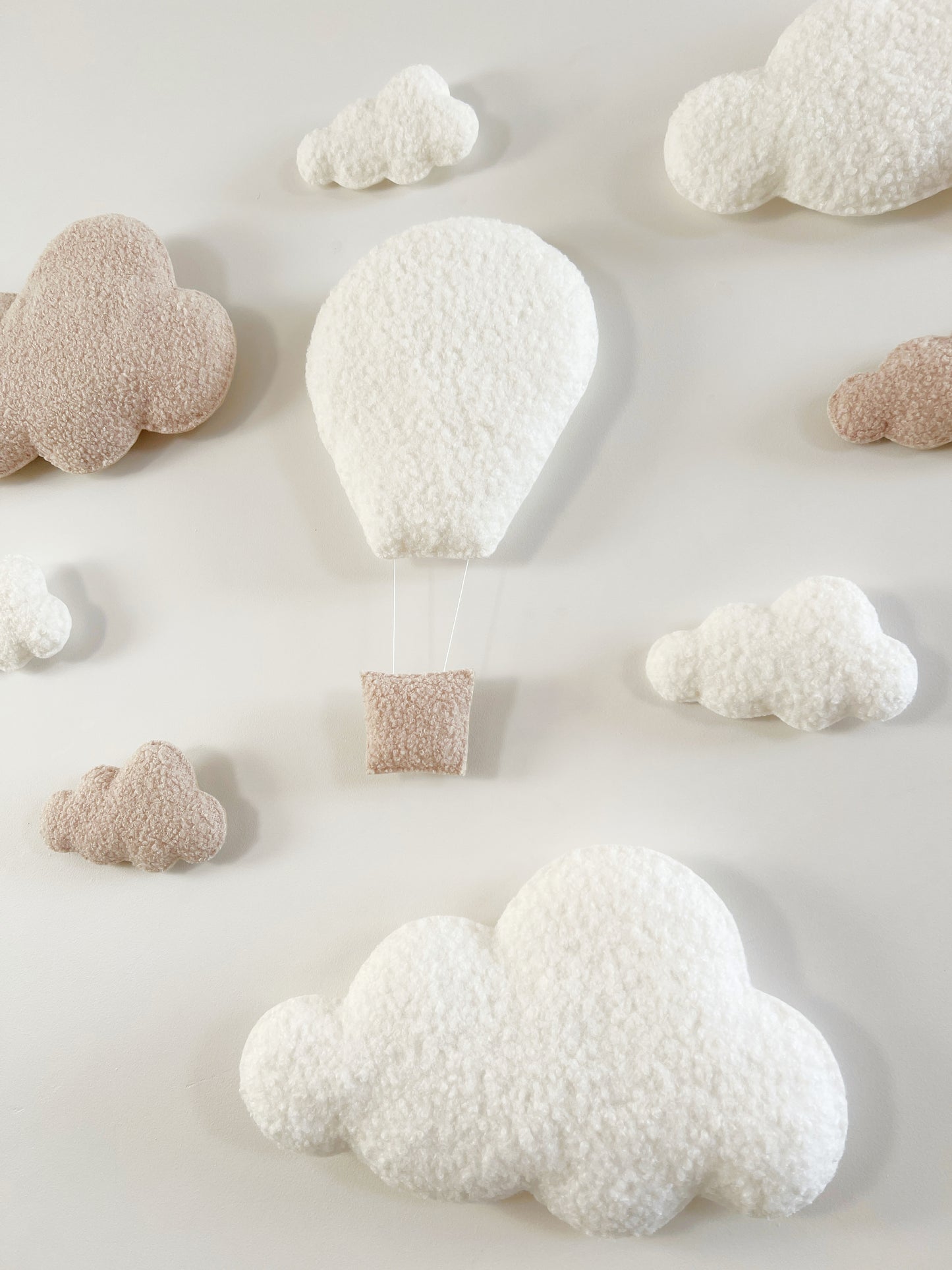 Large Hot Air Balloon Wall Display Set with XL & Small Clouds - 9 piece set - Ivory & Ecru Bouclé