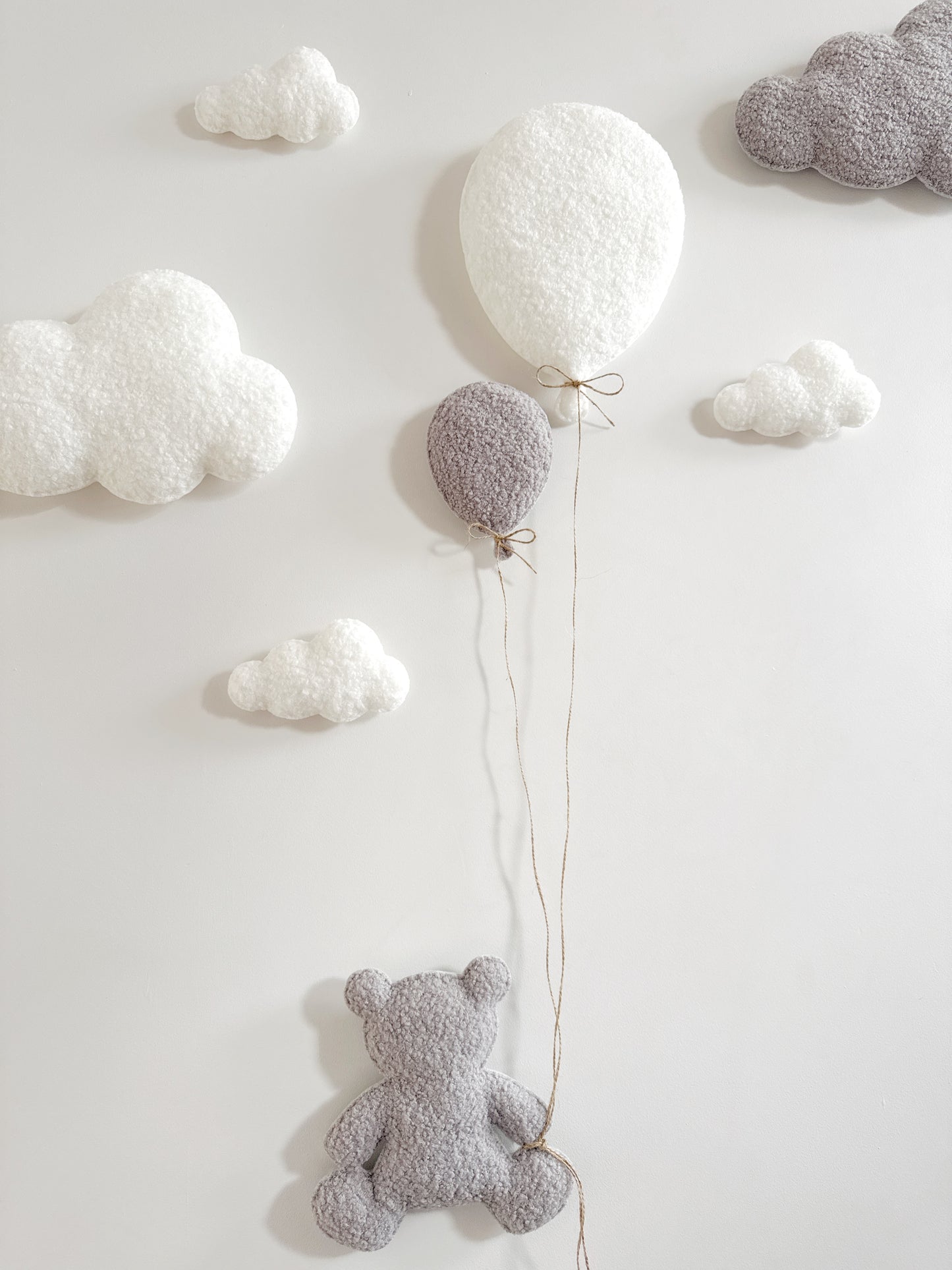 Balloons & Clouds Wall Display Set - 2 Balloons, Large Teddy Bear - Ivory & Light Grey Bouclé