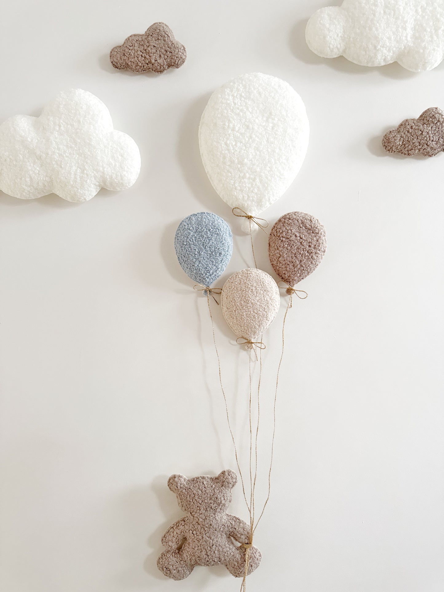 Balloons & Clouds Wall Display Set - 4 Balloons - Large Teddy Bear - Taupe, Ecru & Baby Blue Mix Bouclé