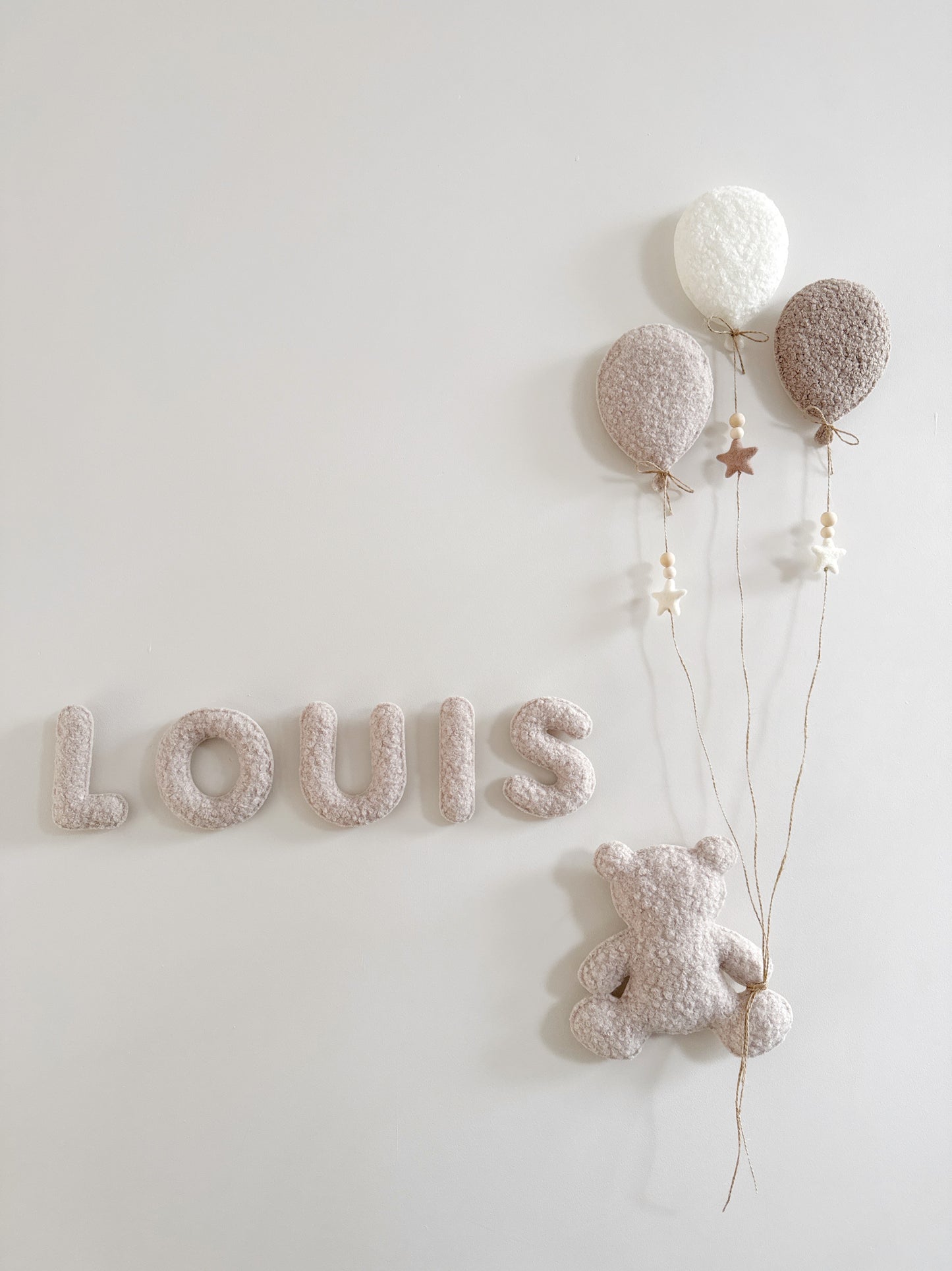 Personalised Name with Large Teddy Bear & 3 Small Balloons Mix - No Clouds - Wall Display Set - Ivory & Stone Bouclé