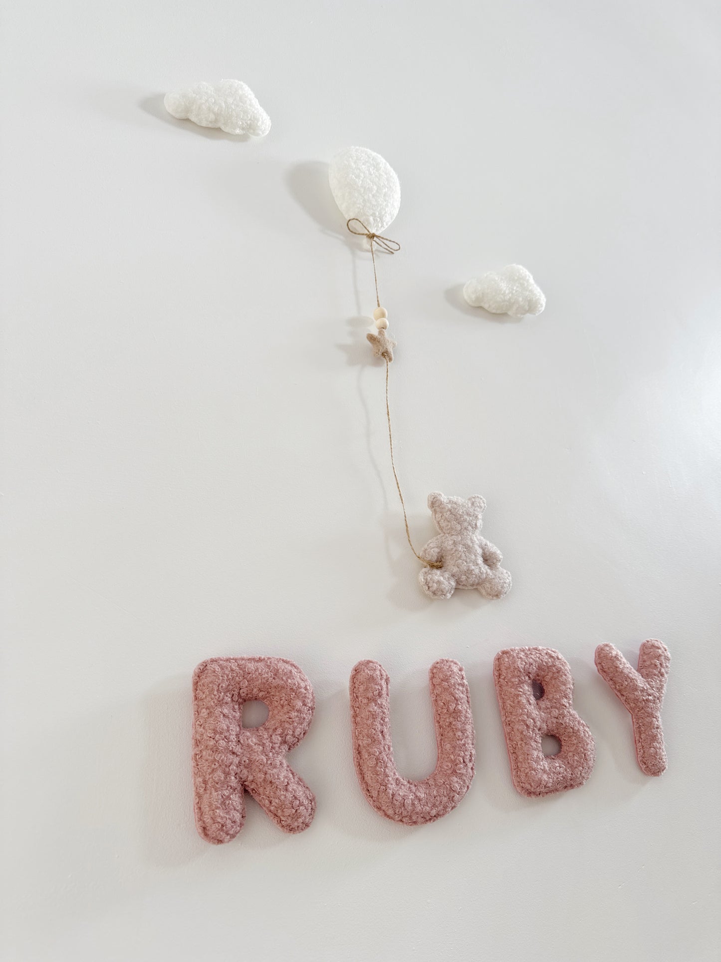 Personalised Name with Mini Teddy Bear, Balloon & Clouds Wall Display Set - Ivory, Rose & Stone Bouclé